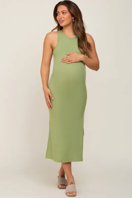 Green Ribbed Cutout Shoulder Side Slit Maternity Midi Dress sold by Pinkblush