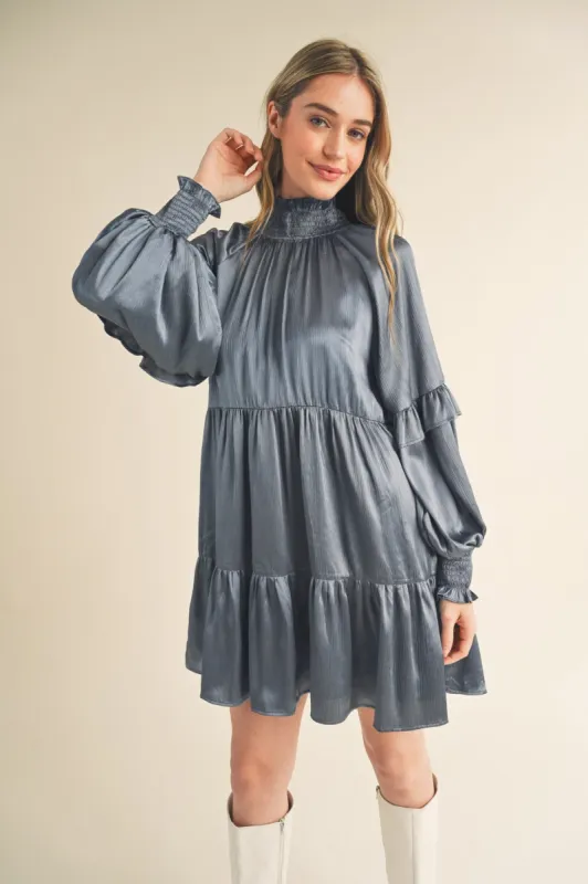 Dusty Denim Blue Mock Neck Tiered Mini Dress sold by Pinkblush