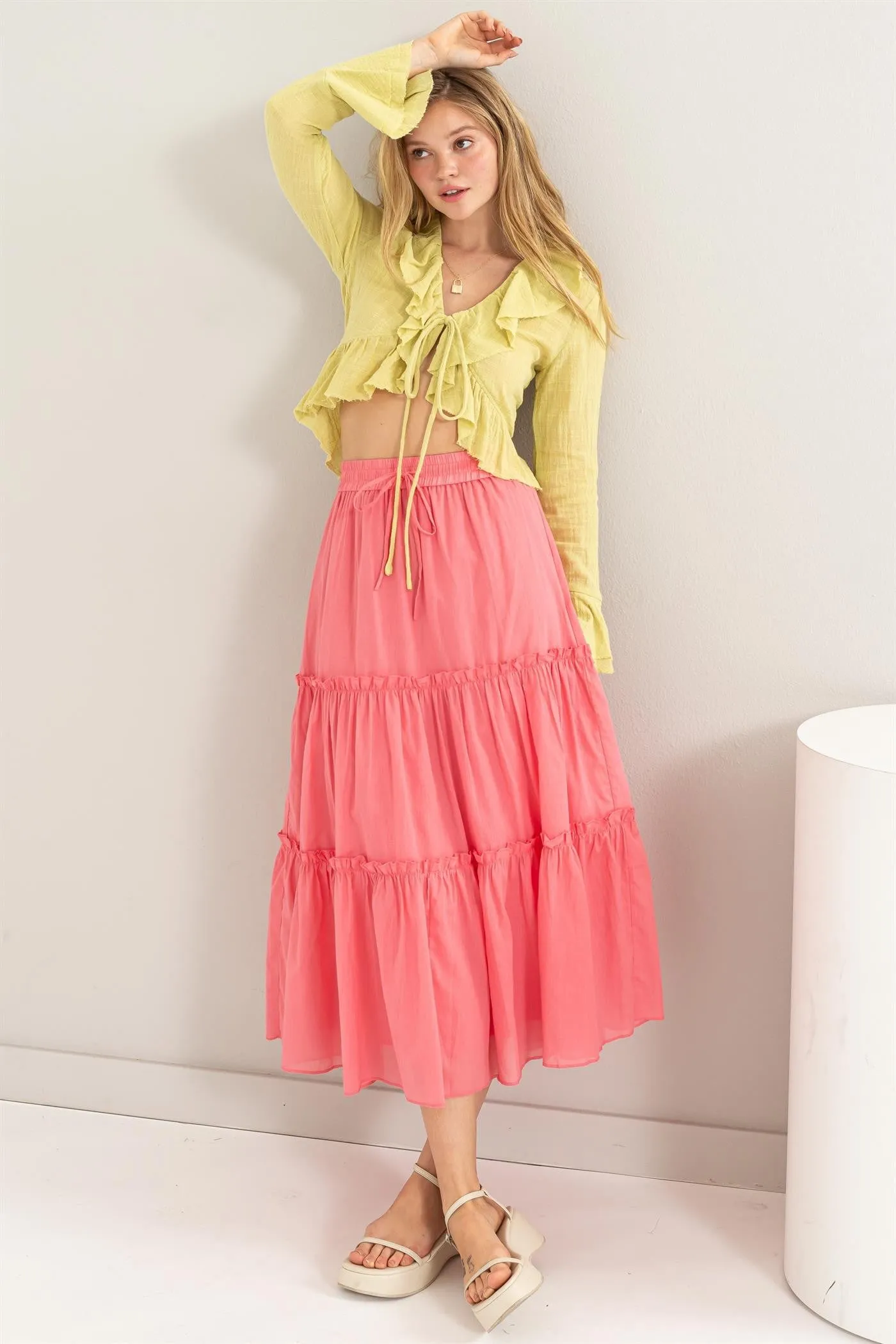 Coral Cotton Tiered Midi Skirt sold by Pinkblush
