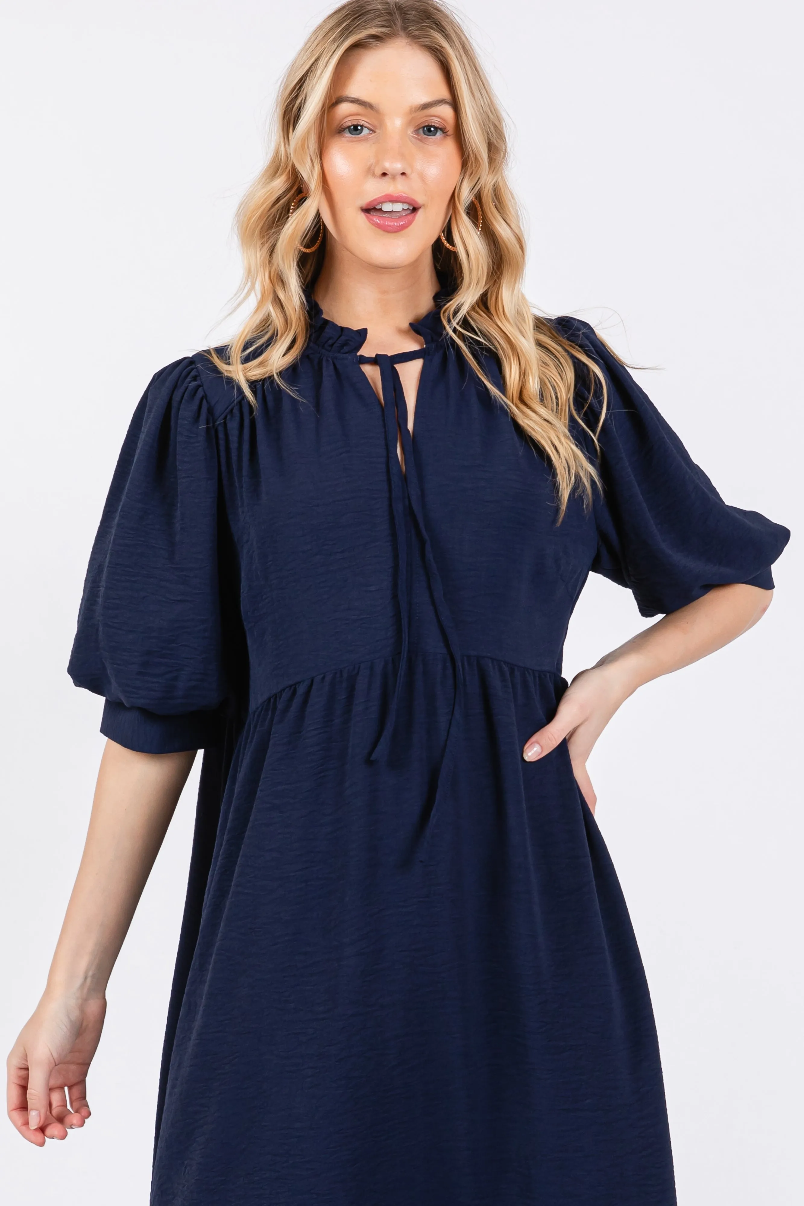 Navy Balloon Sleeve Split Neck Midi Dress sold by Pinkblush product image thumbnail 4
