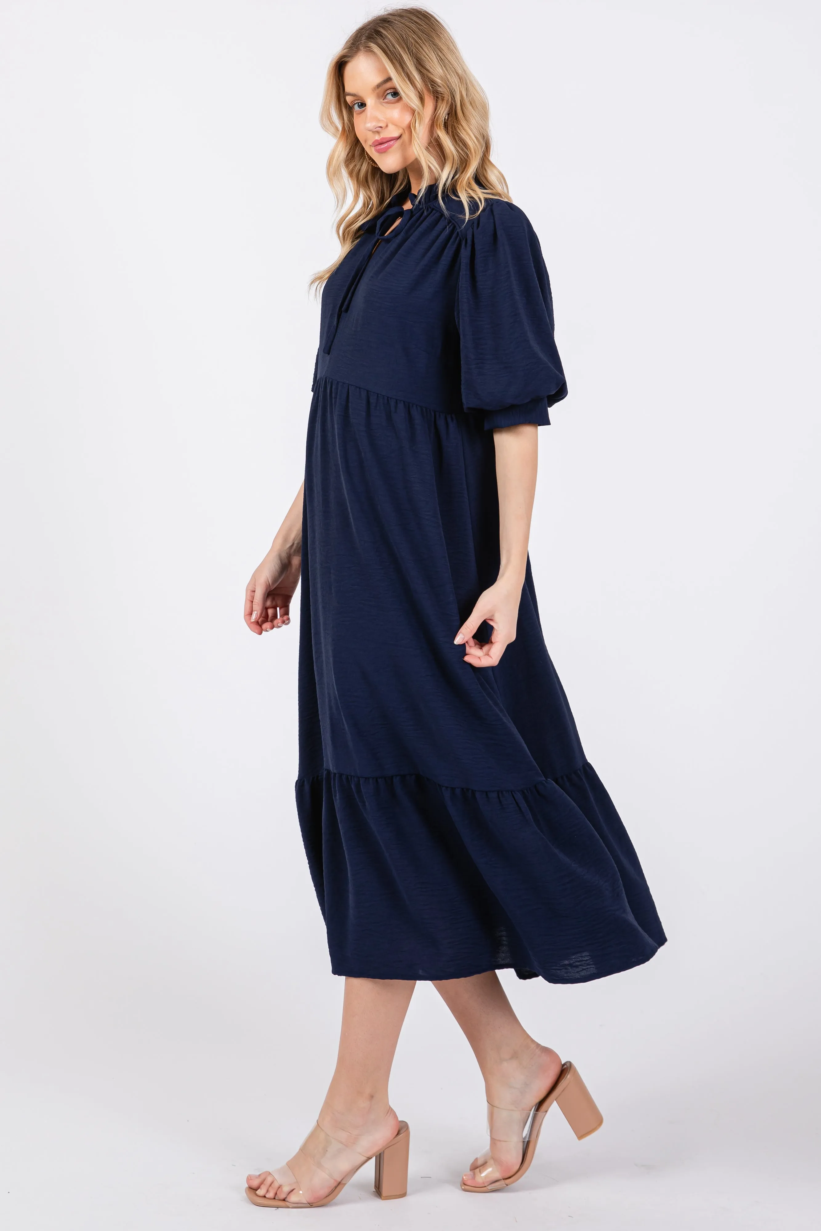 Navy Balloon Sleeve Split Neck Midi Dress sold by Pinkblush product image thumbnail 2