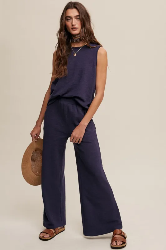 Navy Blue Slub Knit Pants Set sold by Pinkblush