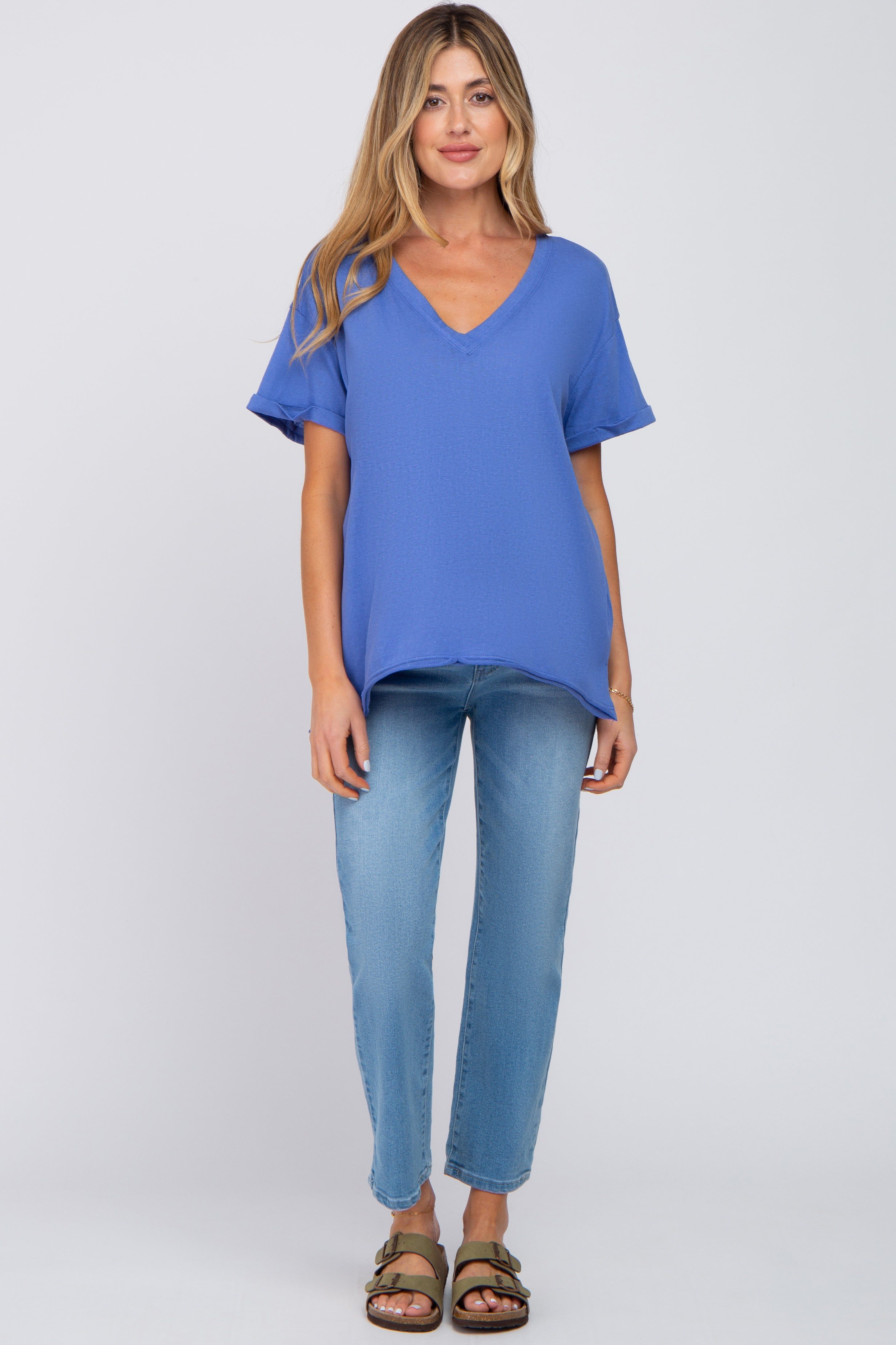 Blue Basic Rolled Short Sleeve Maternity Top sold by Pinkblush product image thumbnail 4