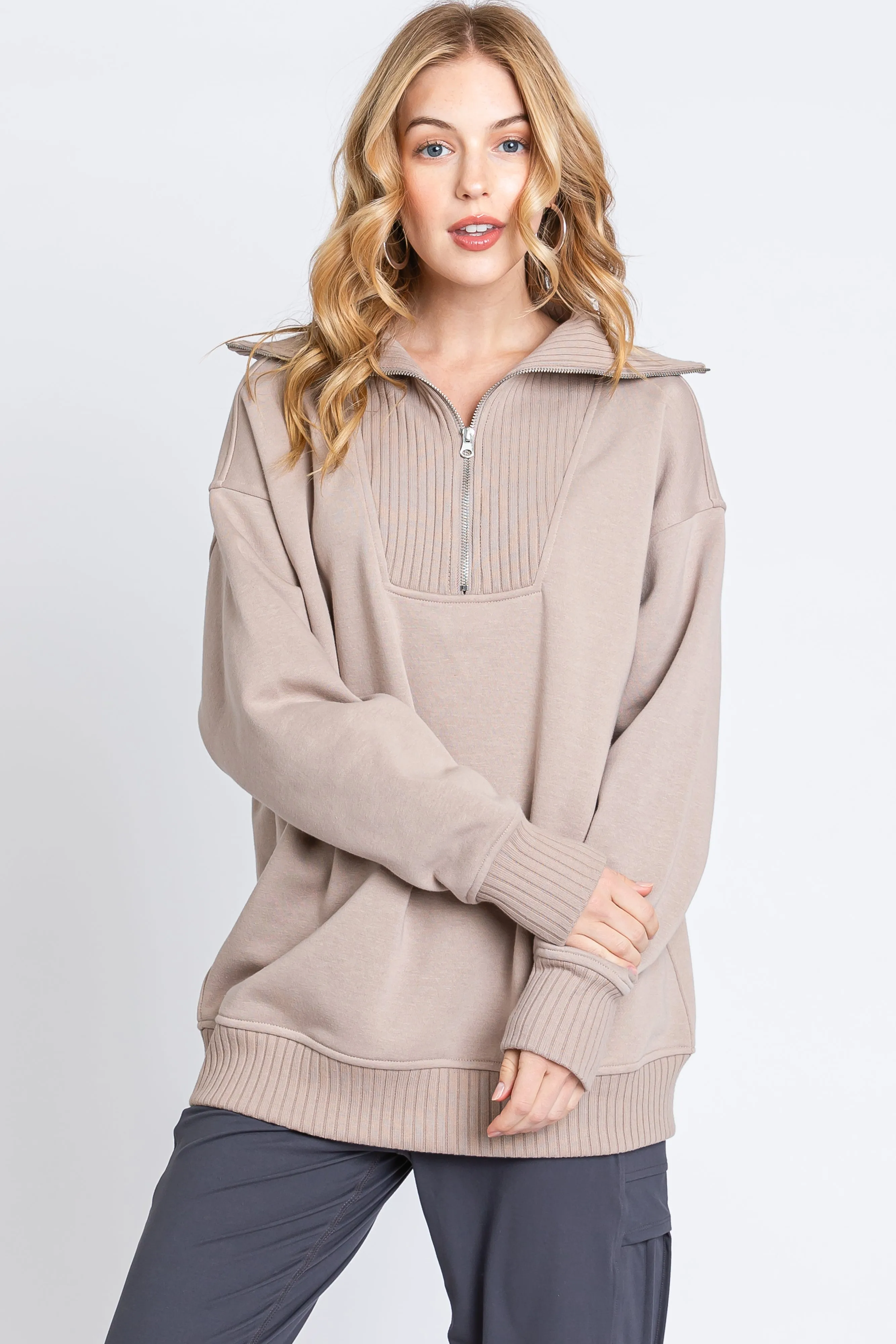 Taupe High-Neck Maternity Fleece Pullover sold by Pinkblush product image thumbnail 5