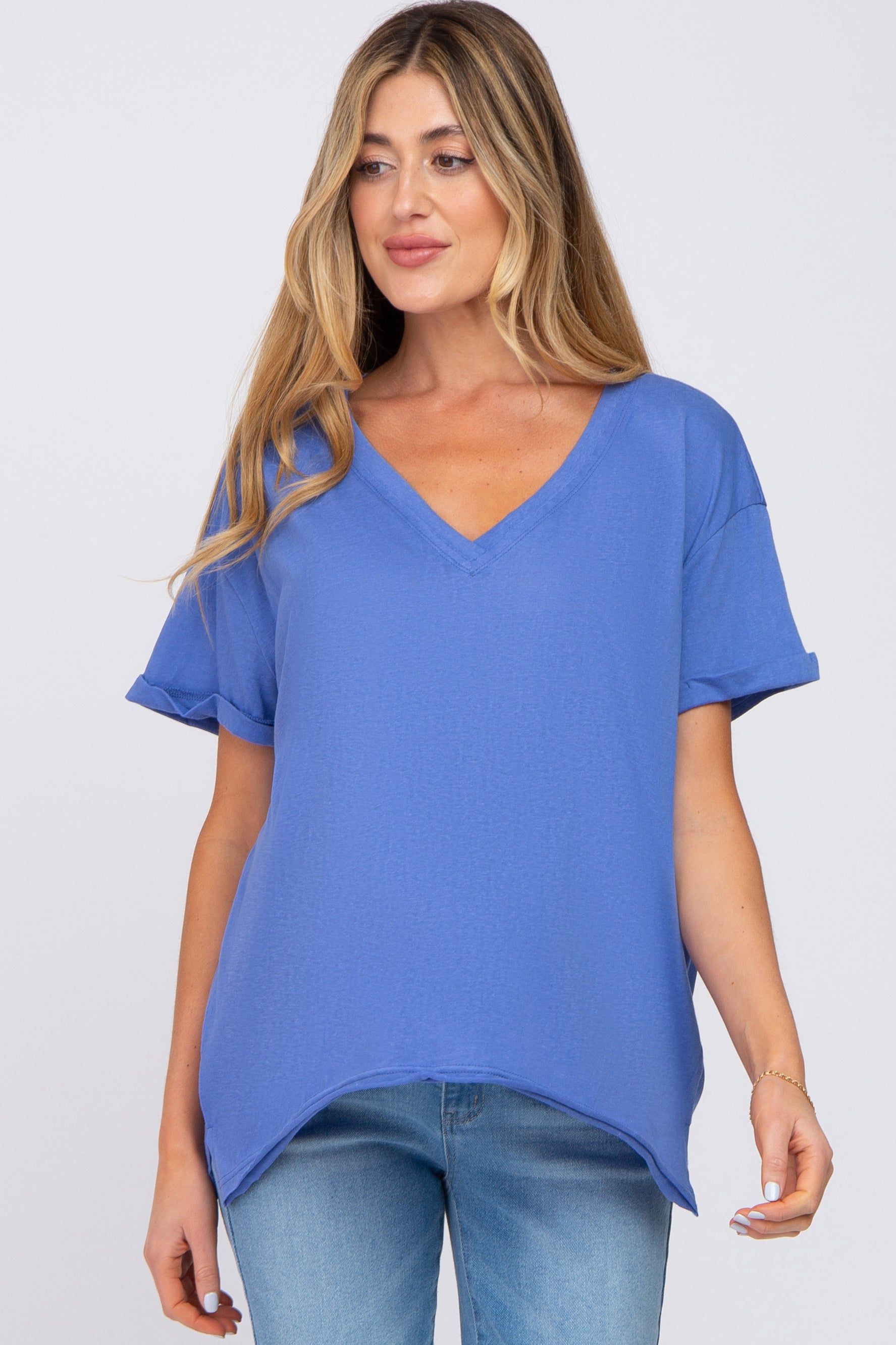 Blue Basic Rolled Short Sleeve Maternity Top sold by Pinkblush