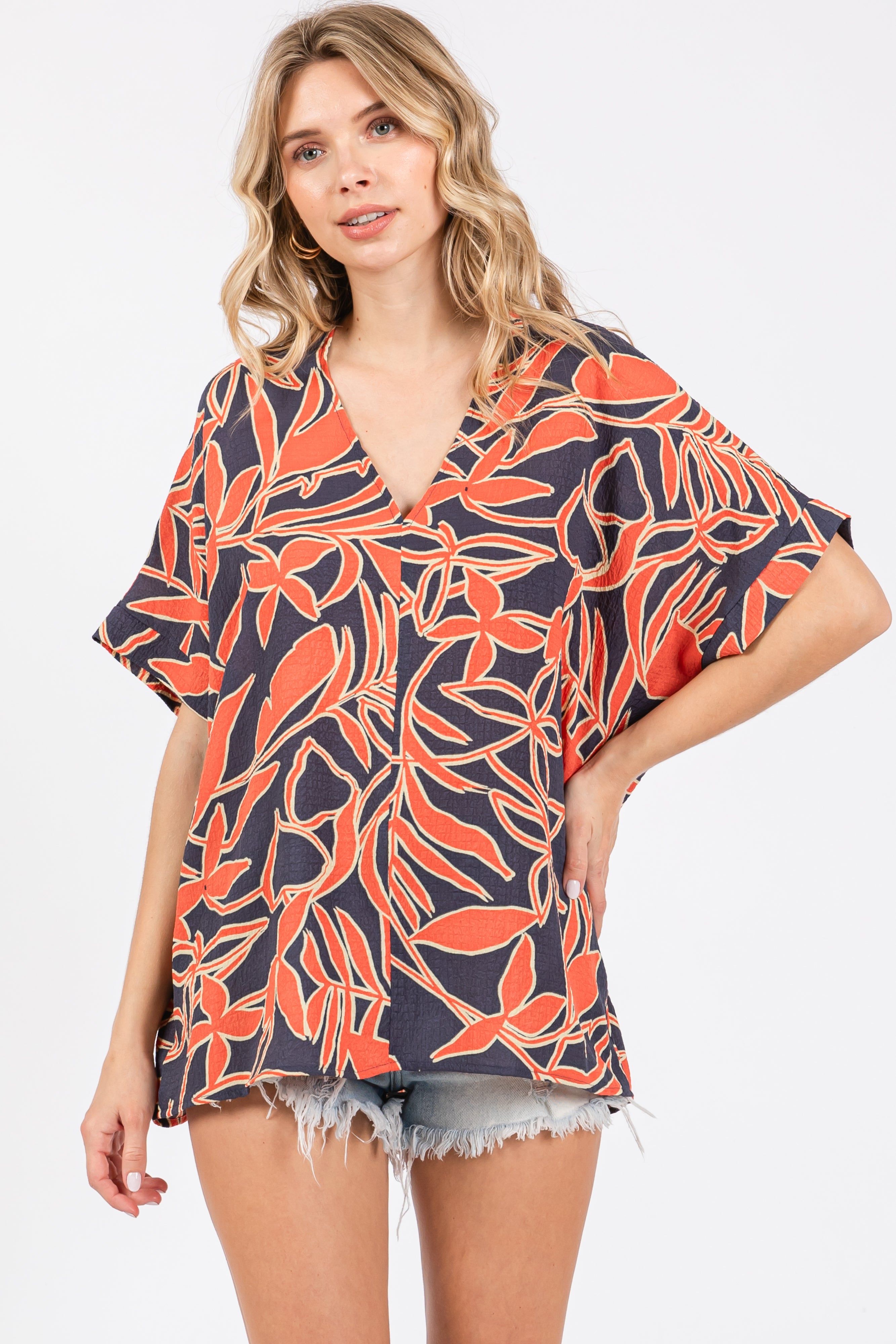 Navy Floral Short Sleeve Blouse sold by Pinkblush