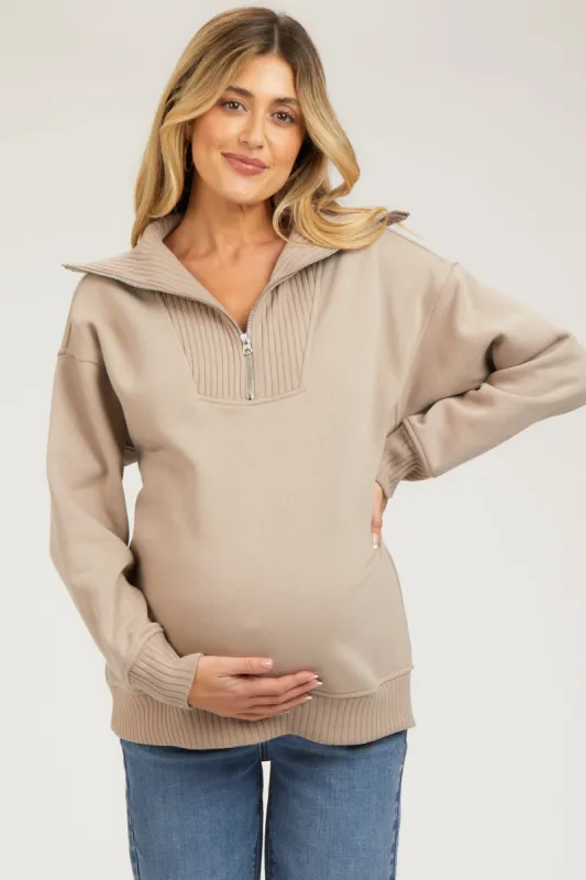 Taupe High-Neck Maternity Fleece Pullover sold by Pinkblush