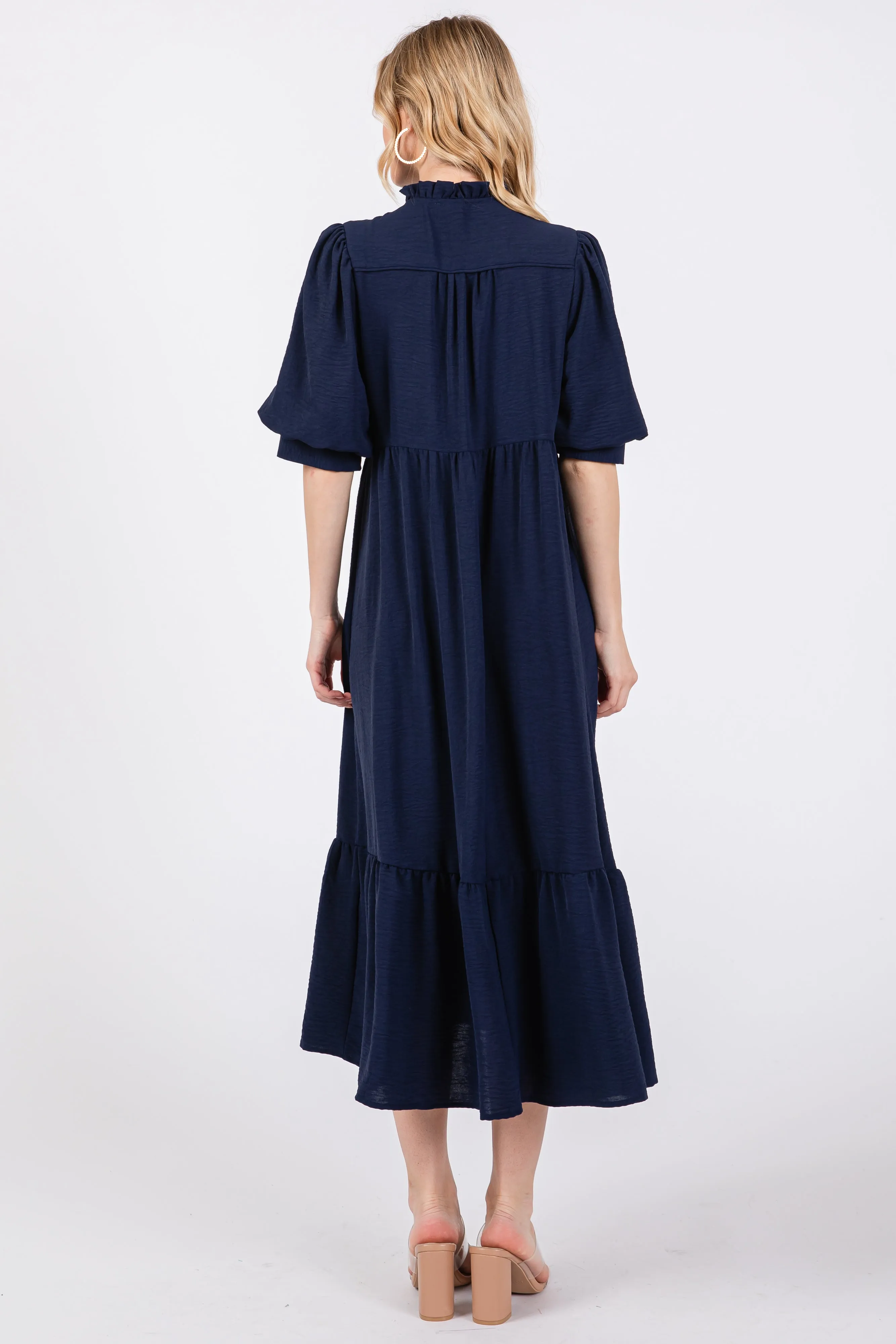 Navy Balloon Sleeve Split Neck Midi Dress sold by Pinkblush product image thumbnail 3