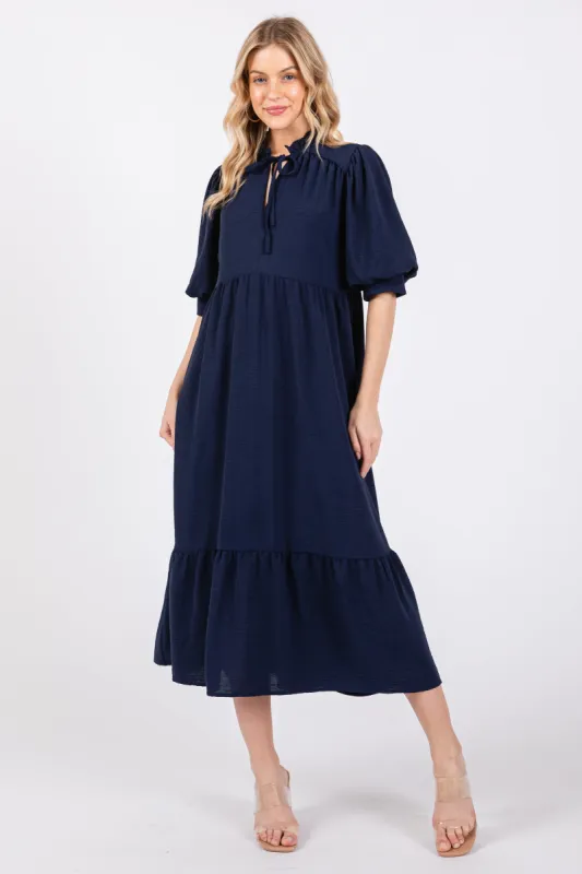 Navy Balloon Sleeve Split Neck Midi Dress sold by Pinkblush