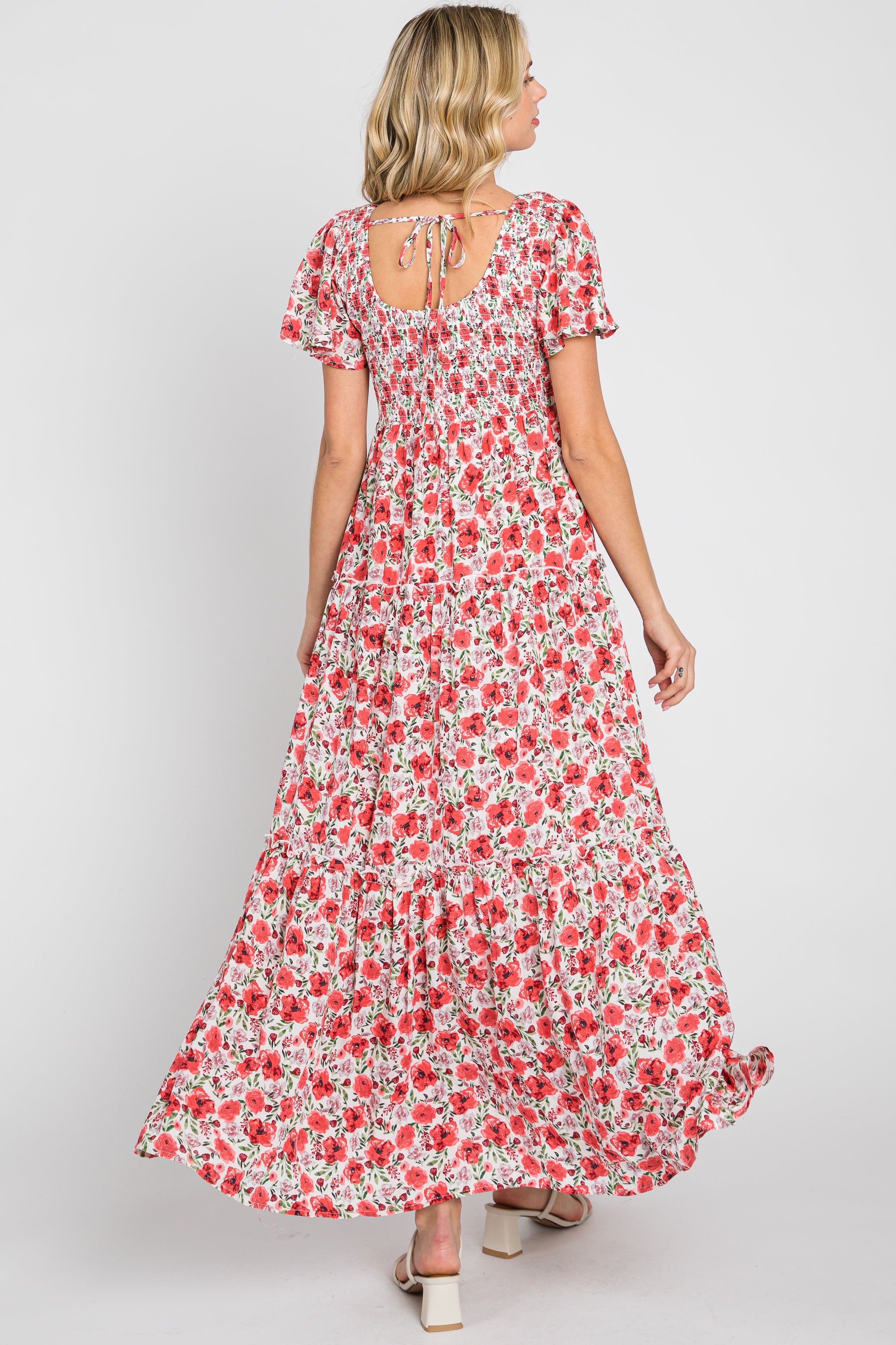 Pink Floral Smocked Scoop Back Ruffle Hem Maxi Dress sold by Pinkblush product image thumbnail 3