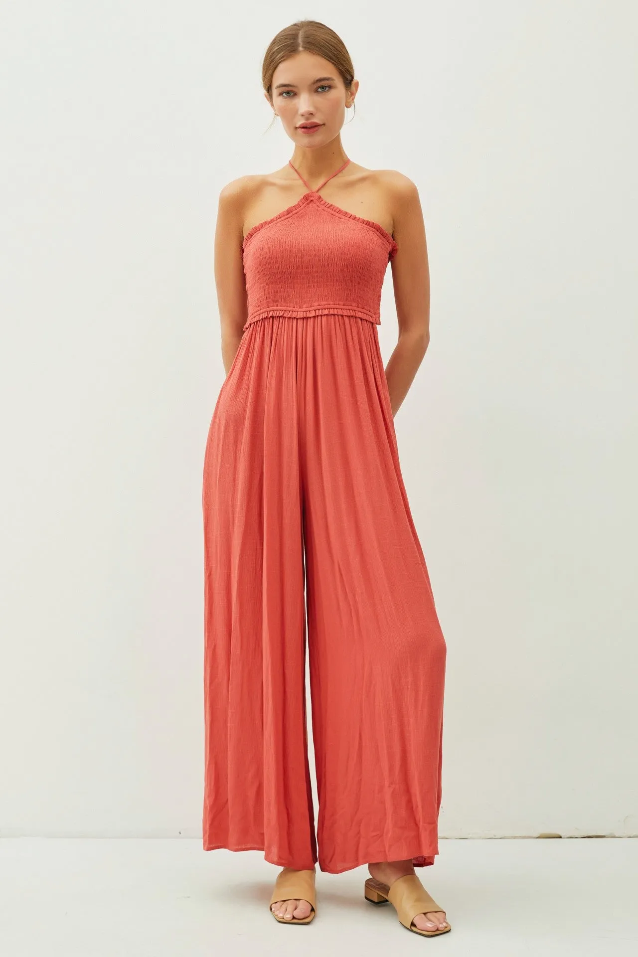 Scarlet Back Cutout Smocked Halter Wide Leg Maternity Jumpsuit sold by Pinkblush product image thumbnail 5