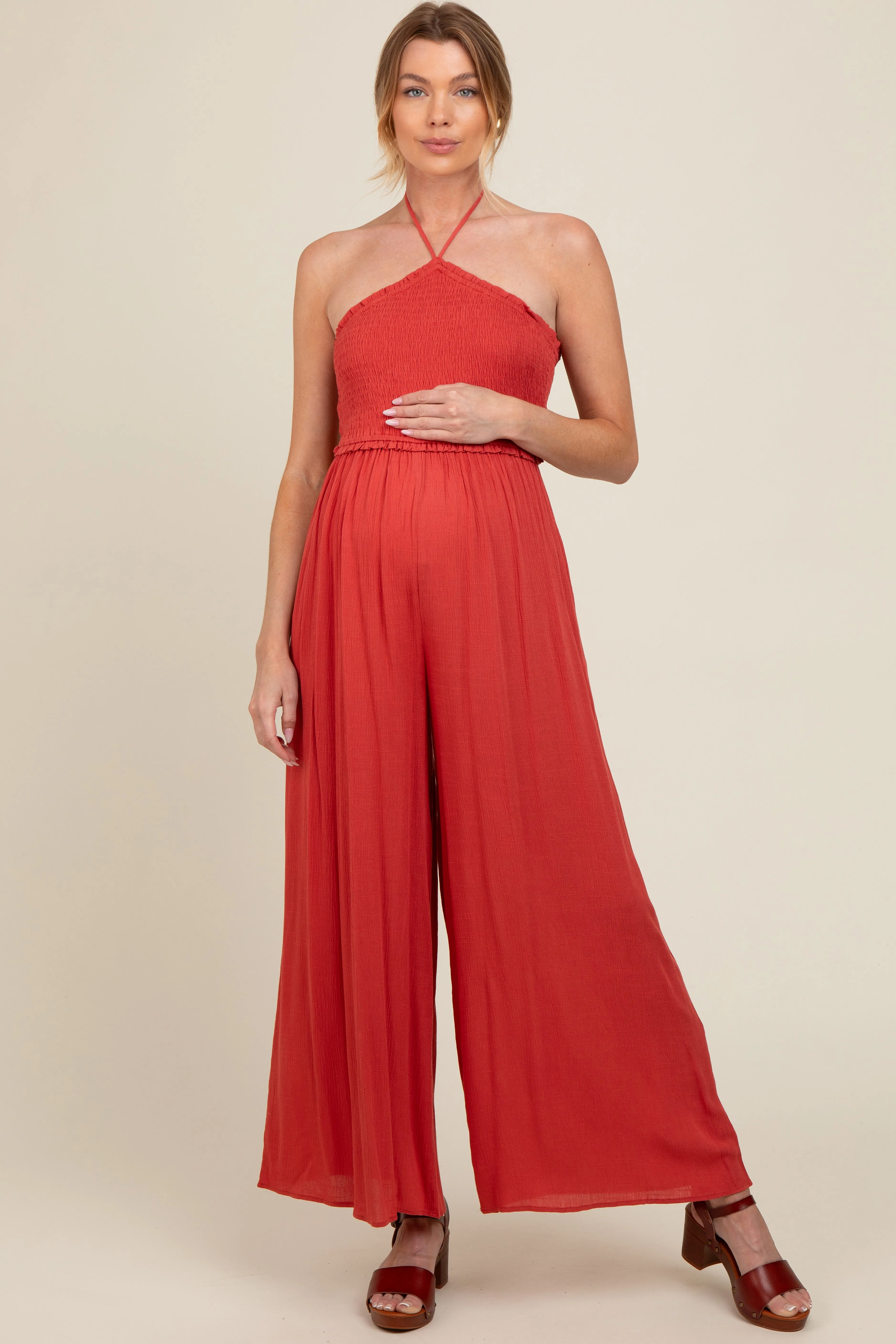 Scarlet Back Cutout Smocked Halter Wide Leg Maternity Jumpsuit sold by Pinkblush product image thumbnail 2