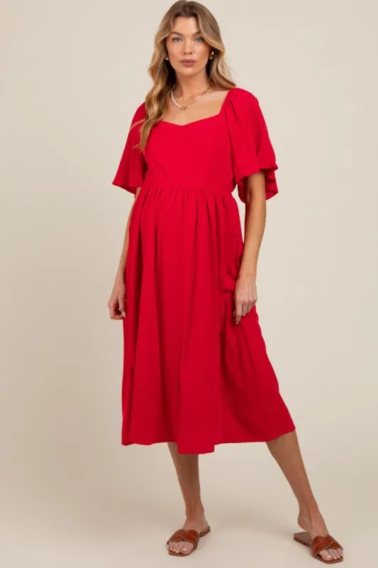 Red Flutter Short Sleeve Back Tie Cutout Maternity Midi Dress sold by Pinkblush