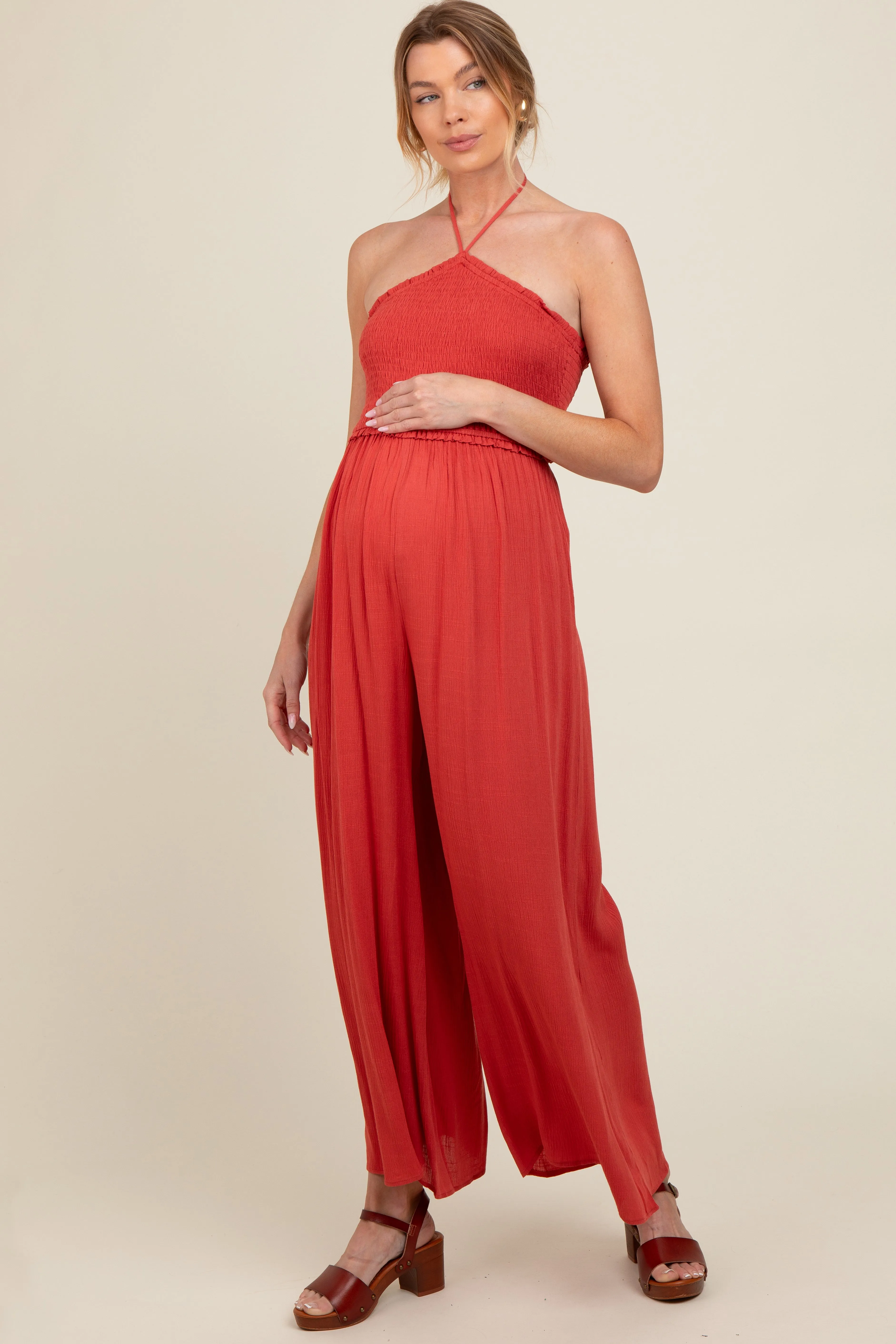 Scarlet Back Cutout Smocked Halter Wide Leg Maternity Jumpsuit sold by Pinkblush product image thumbnail 3
