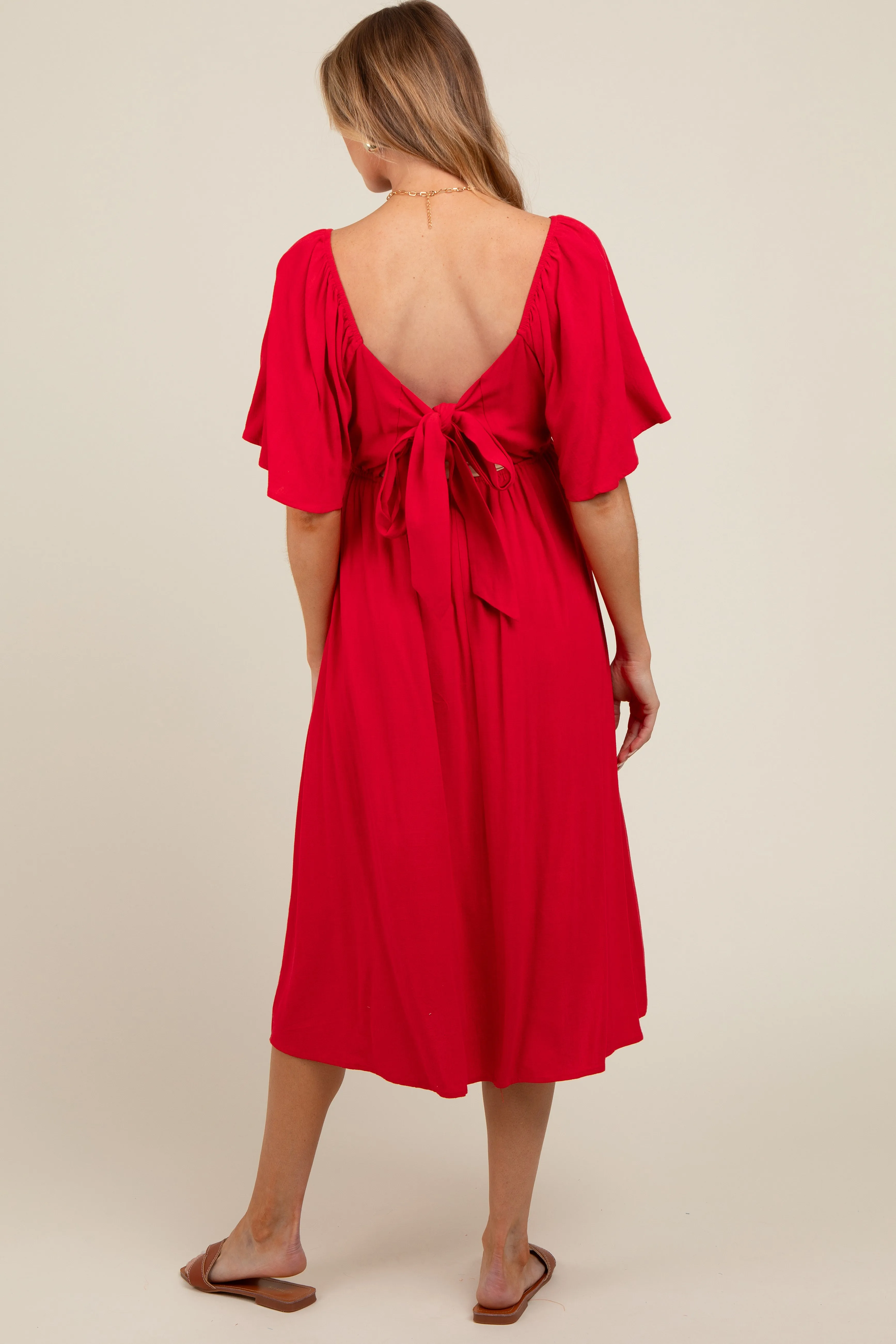 Red Flutter Short Sleeve Back Tie Cutout Maternity Midi Dress sold by Pinkblush product image thumbnail 5