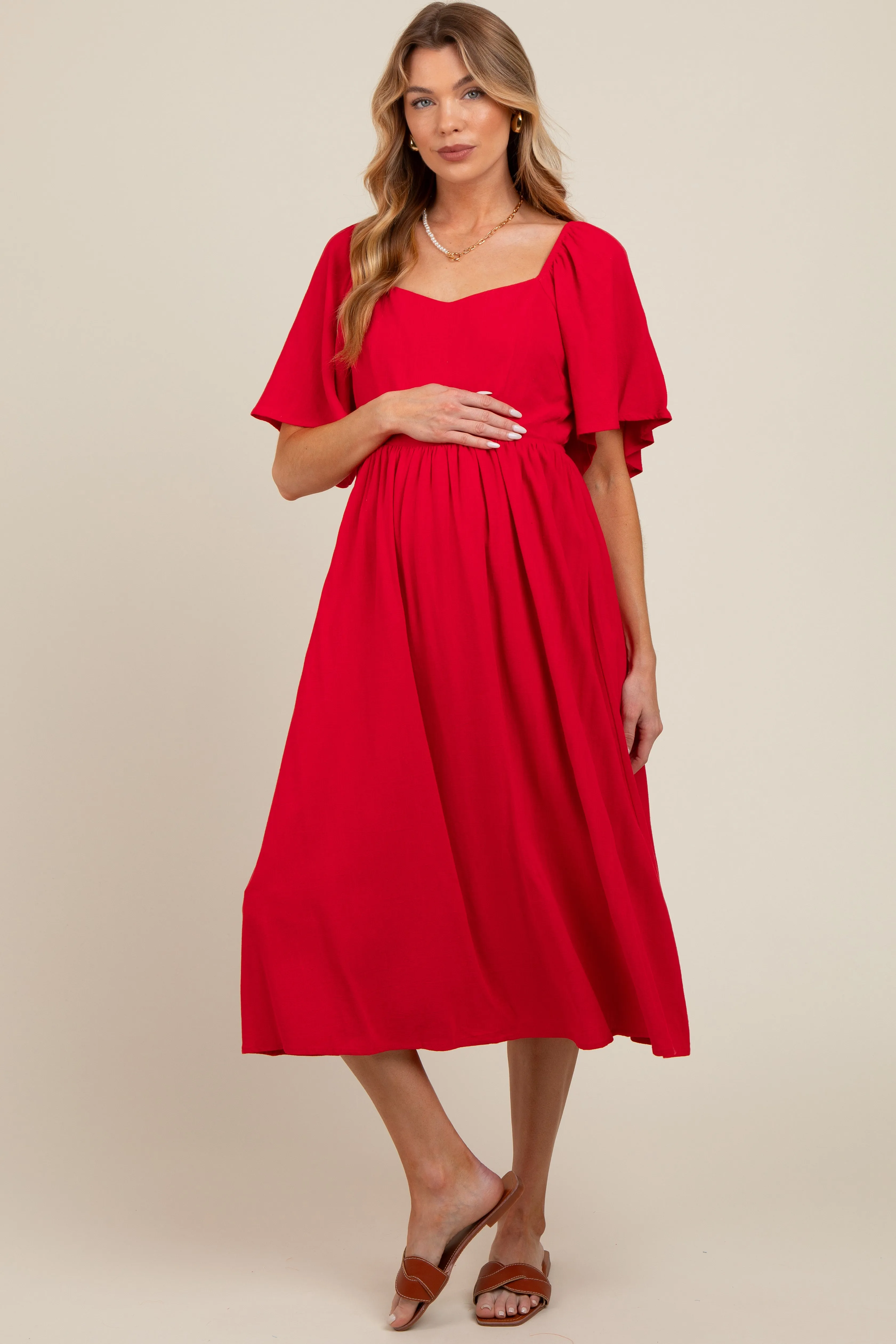 Red Flutter Short Sleeve Back Tie Cutout Maternity Midi Dress sold by Pinkblush product image thumbnail 2