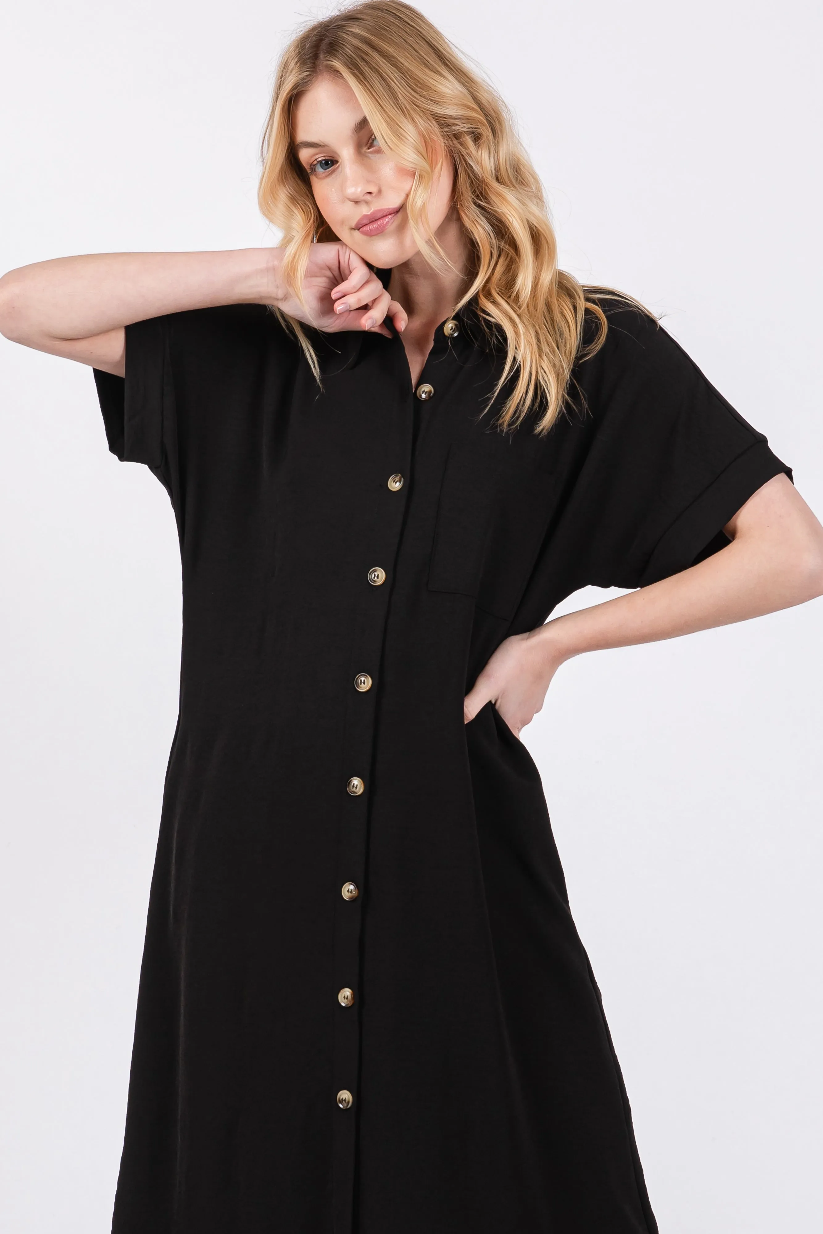 Black Button Down Front Pocket Midi Dress sold by Pinkblush product image thumbnail 4