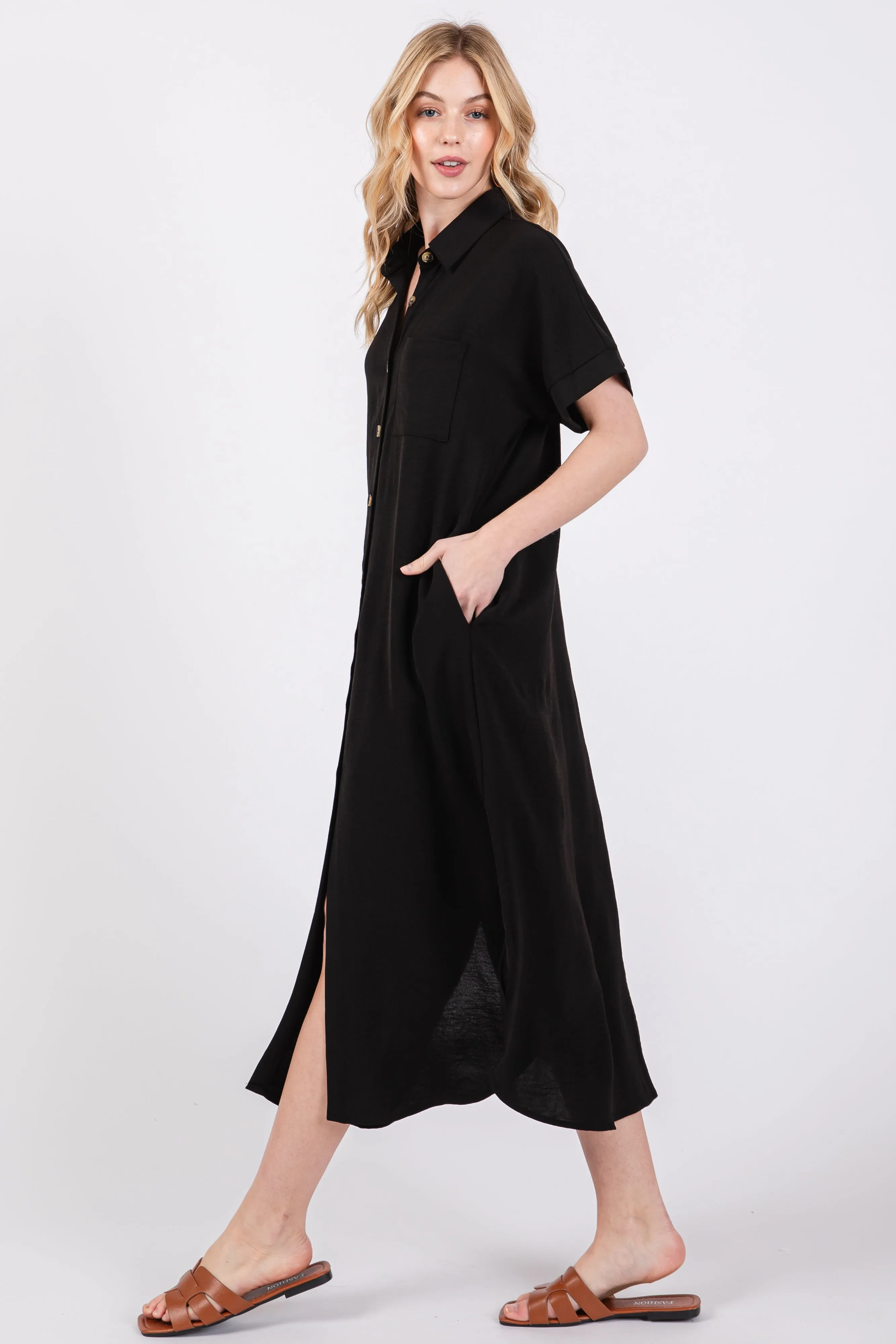 Black Button Down Front Pocket Midi Dress sold by Pinkblush product image thumbnail 2