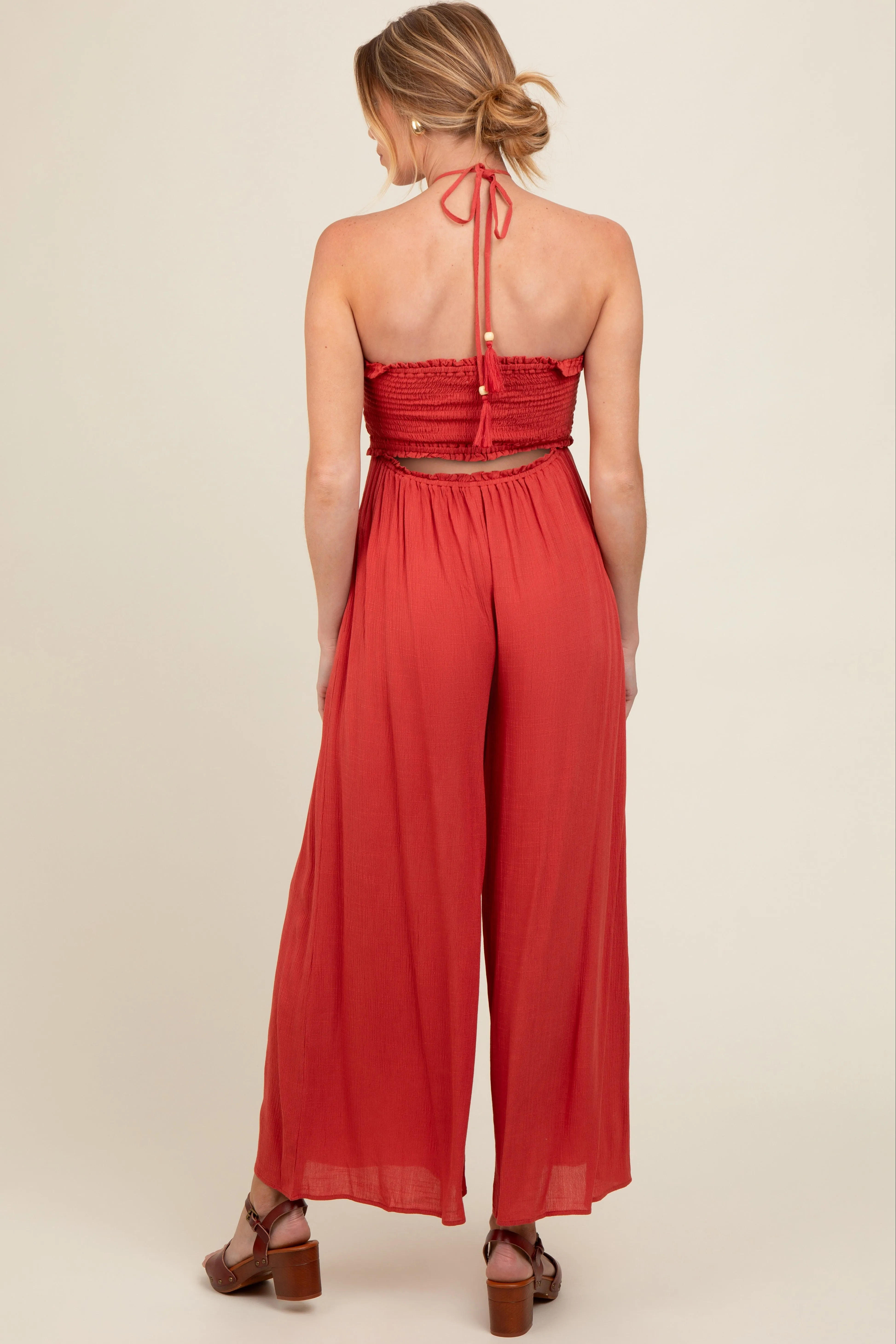Scarlet Back Cutout Smocked Halter Wide Leg Maternity Jumpsuit sold by Pinkblush product image thumbnail 4