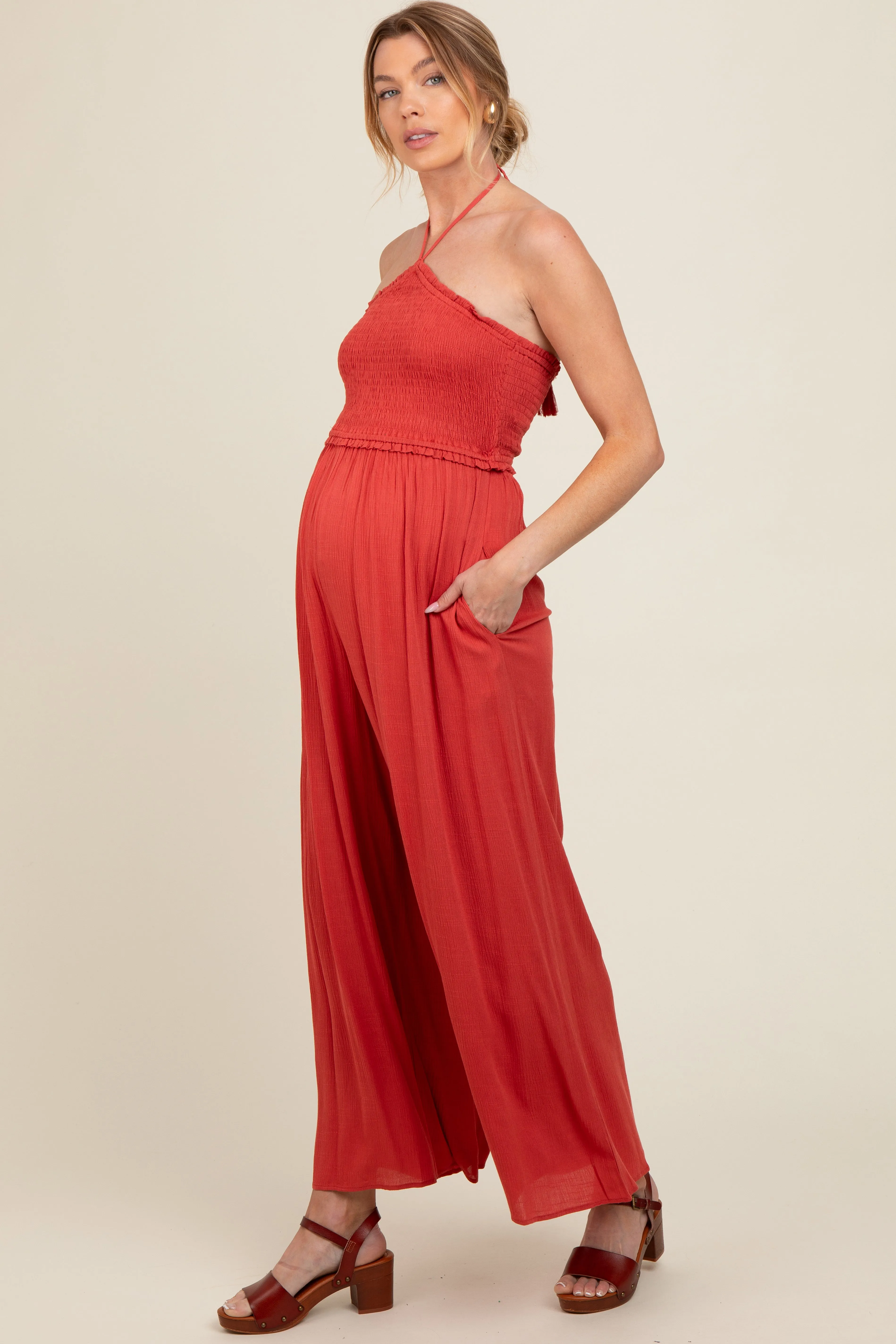 Scarlet Back Cutout Smocked Halter Wide Leg Maternity Jumpsuit sold by Pinkblush