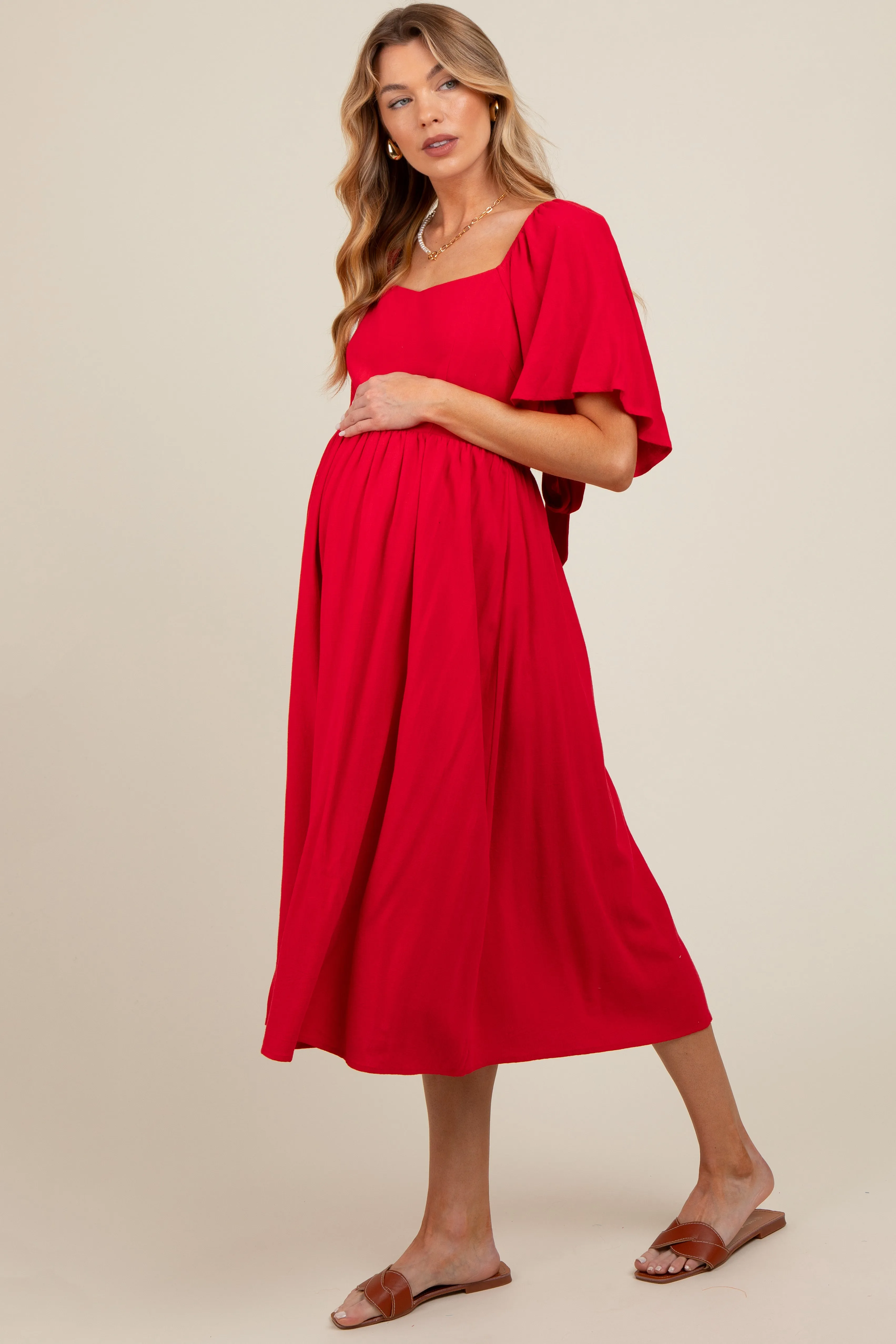 Red Flutter Short Sleeve Back Tie Cutout Maternity Midi Dress sold by Pinkblush product image thumbnail 3