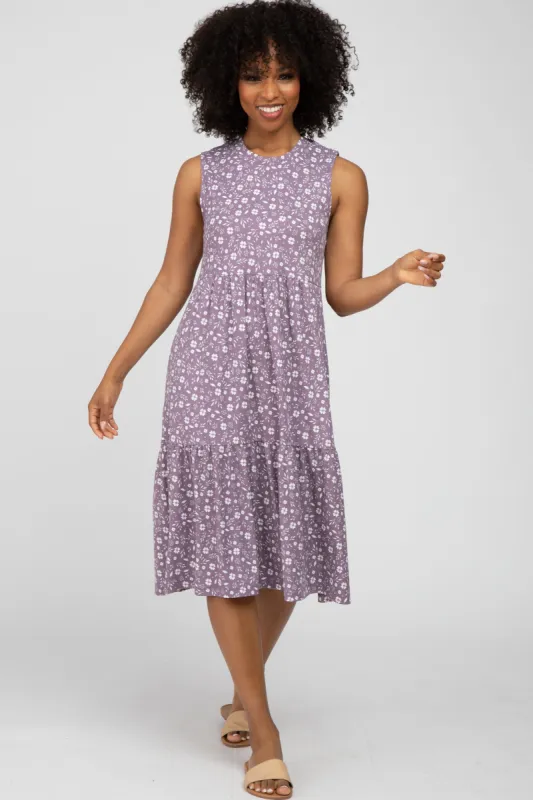 Purple Floral Ribbed Tiered Midi Dress sold by Pinkblush
