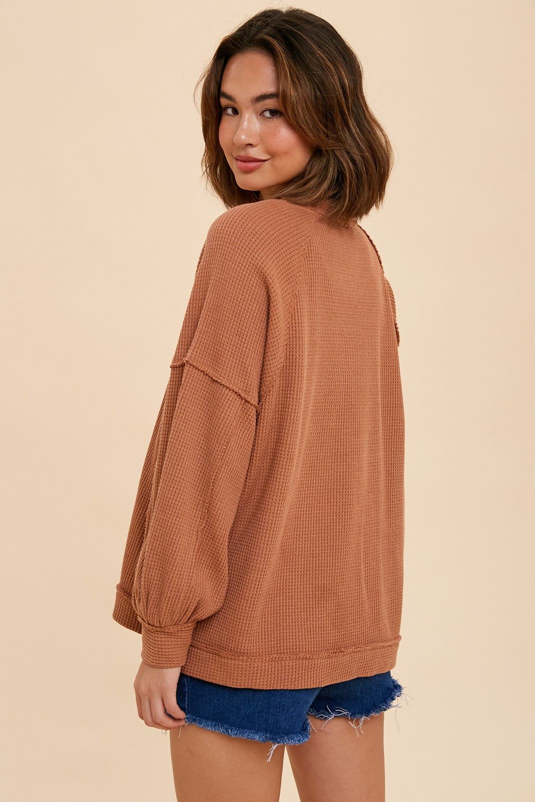 Camel Waffle Knit Button Long Sleeve Top sold by Pinkblush product image thumbnail 3