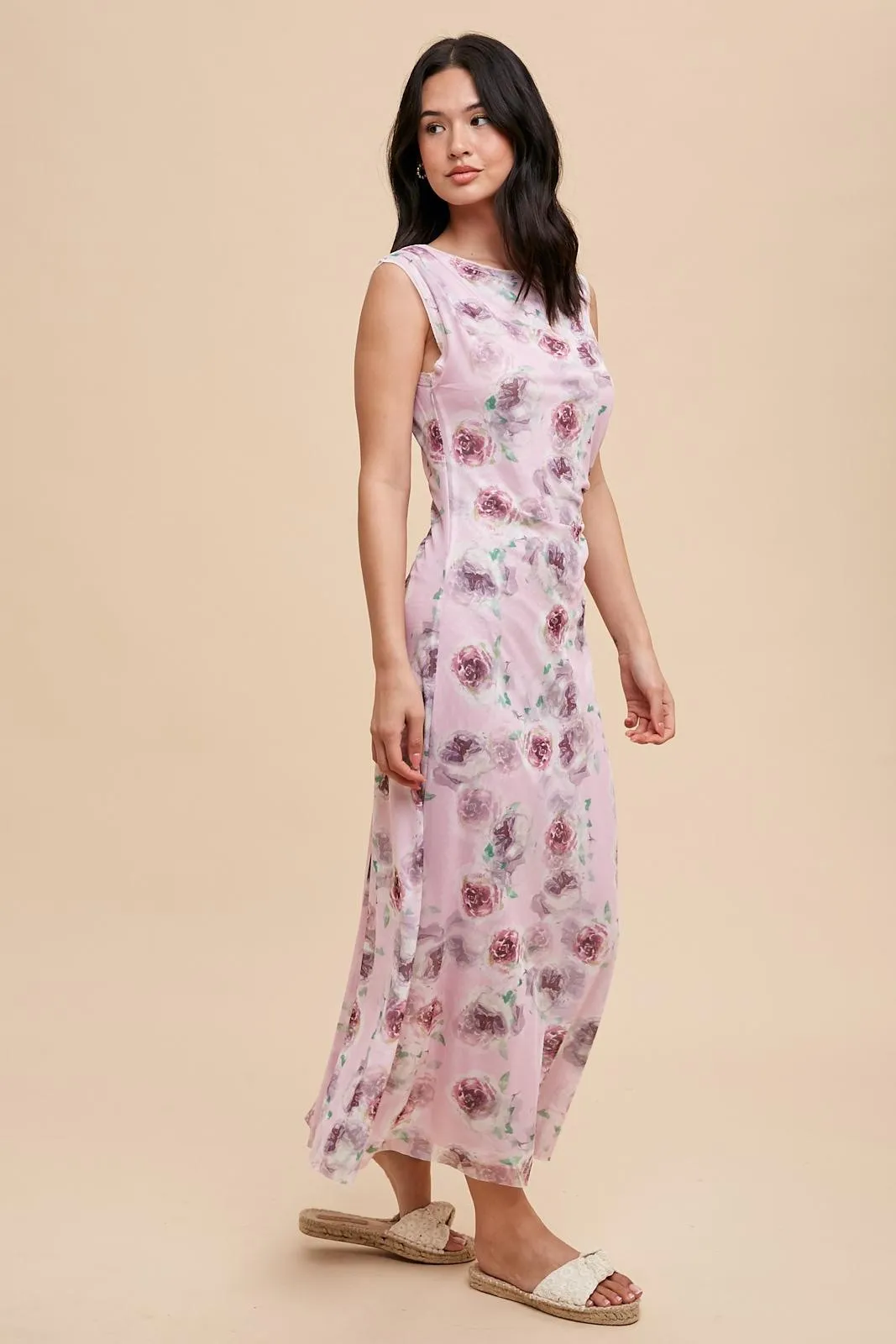 Lavender Rose Print Ruched Mesh Dress sold by Pinkblush product image thumbnail 3