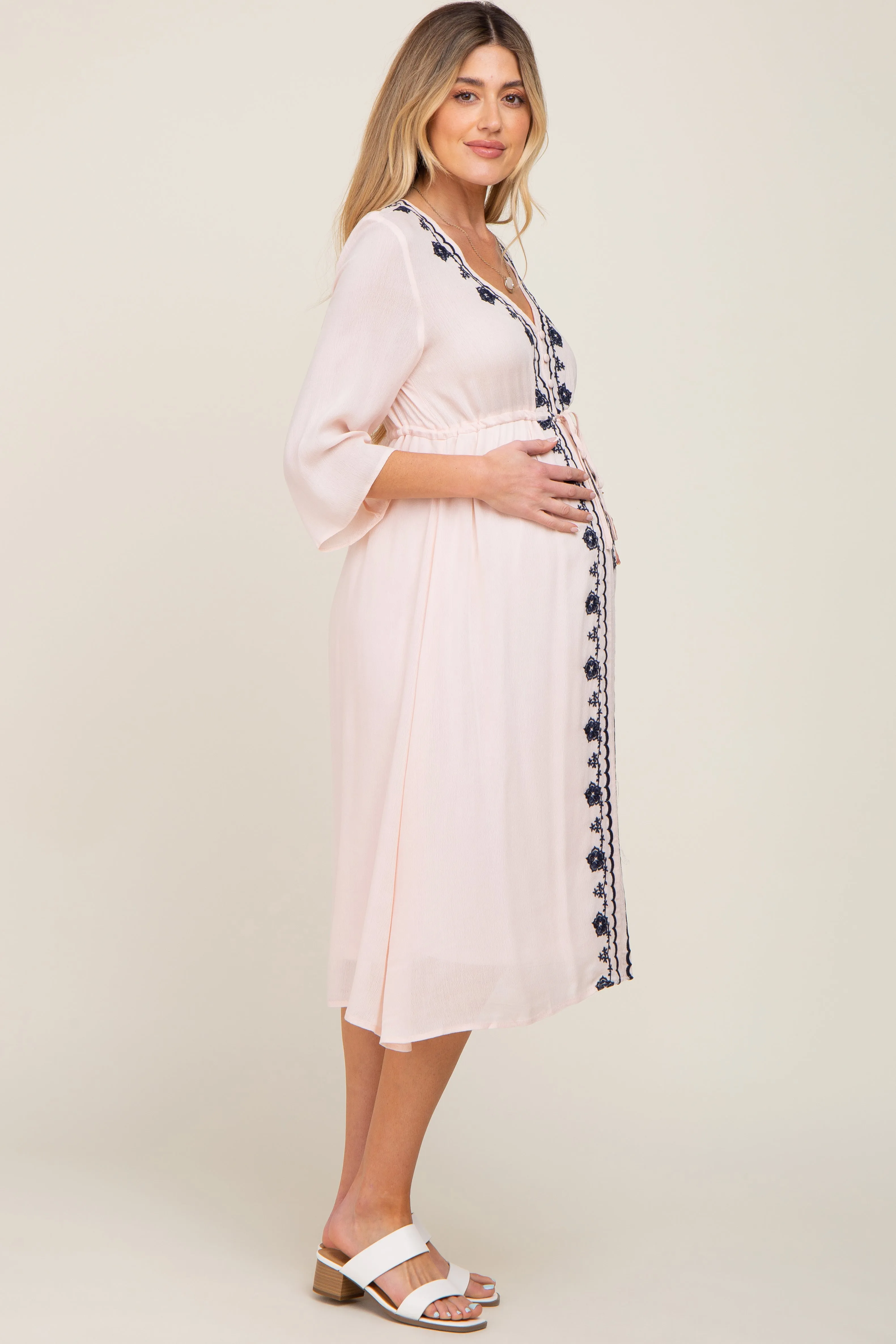 Light Pink Floral Embroidered 3/4 Sleeve Maternity Midi Dress sold by Pinkblush product image thumbnail 2