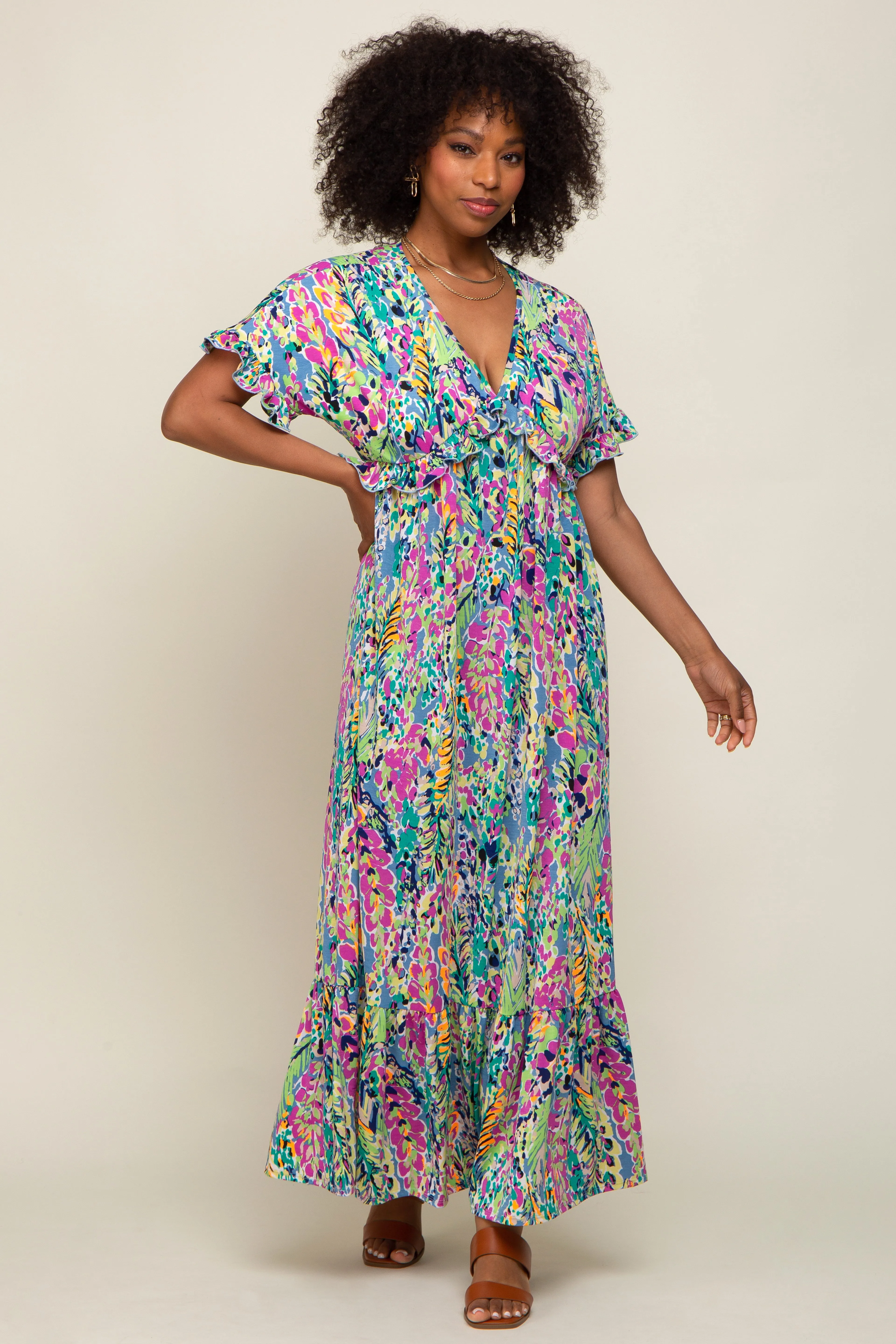 Blue Multi-Color Floral Ruffle Maxi Dress sold by Pinkblush product image thumbnail 4