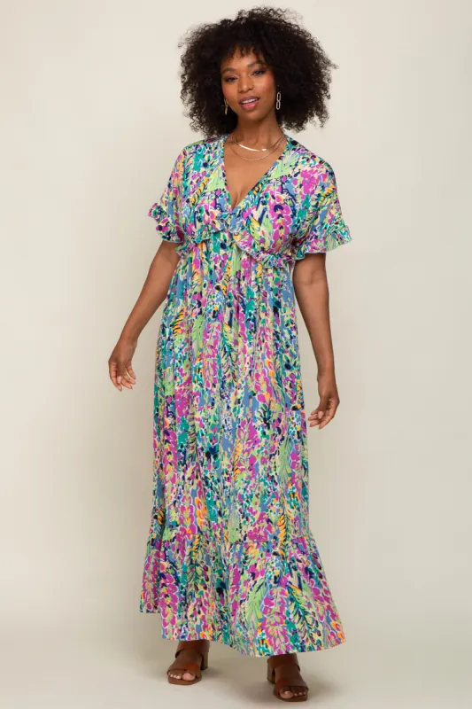 Blue Multi-Color Floral Ruffle Maxi Dress sold by Pinkblush