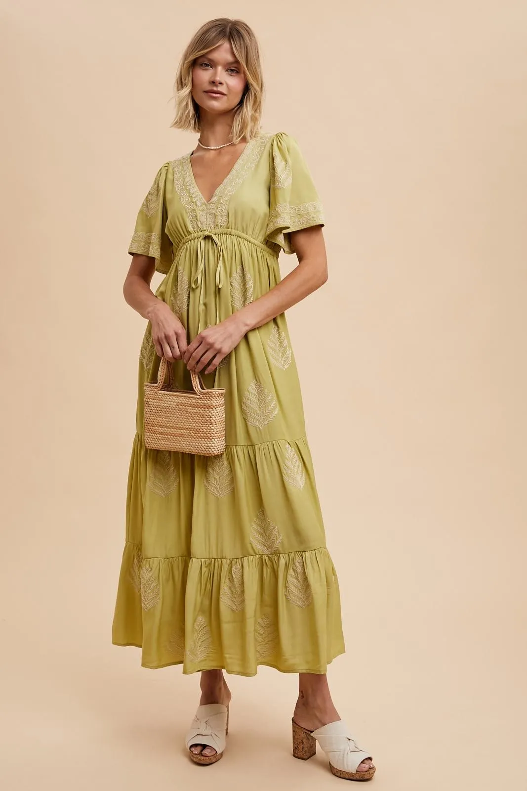 Light Olive Embroidered Maxi Dress sold by Pinkblush