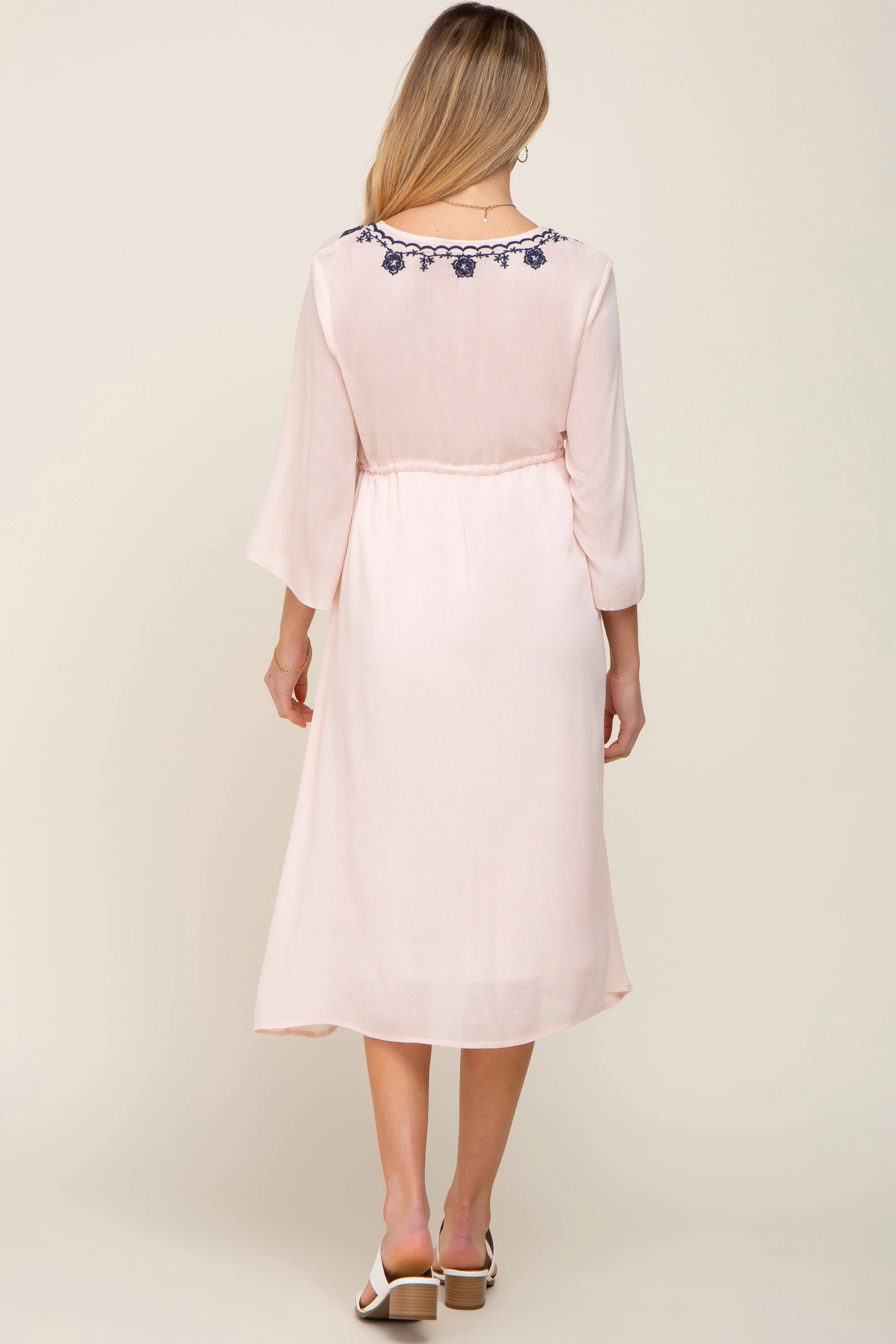 Light Pink Floral Embroidered 3/4 Sleeve Maternity Midi Dress sold by Pinkblush product image thumbnail 3