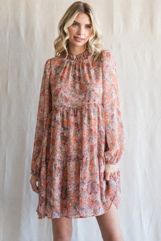Grey Floral Chiffon Ruffle Mock Neck Tiered Dress sold by Pinkblush