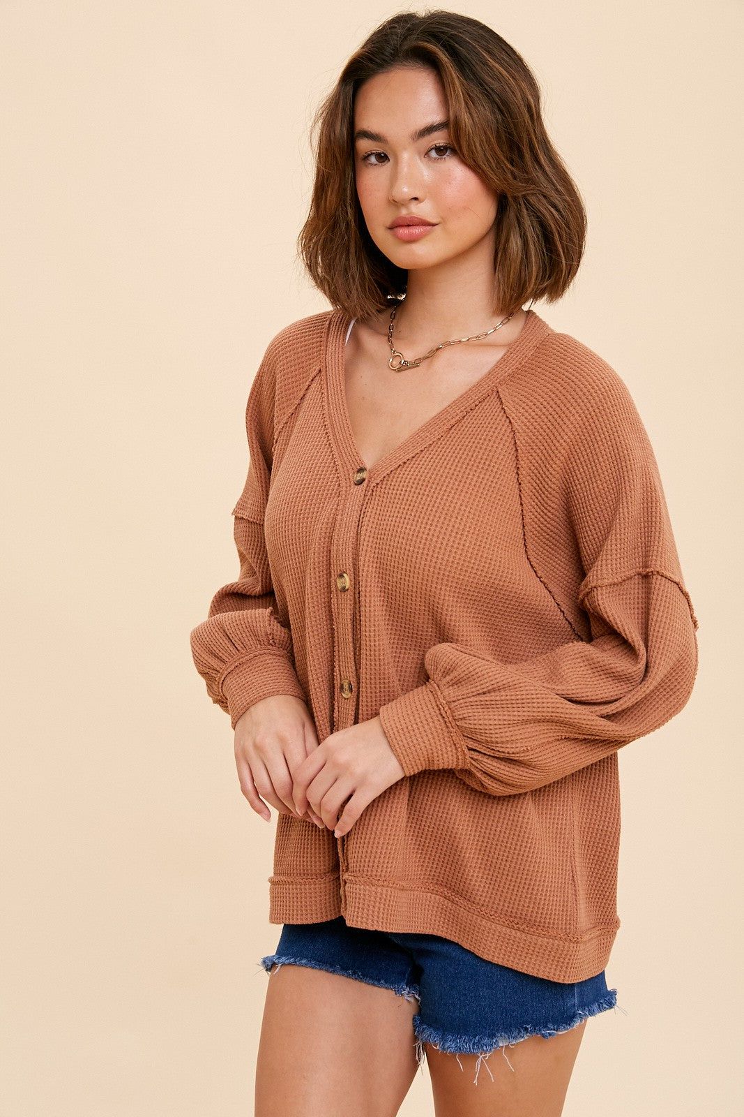 Camel Waffle Knit Button Long Sleeve Top sold by Pinkblush product image thumbnail 2