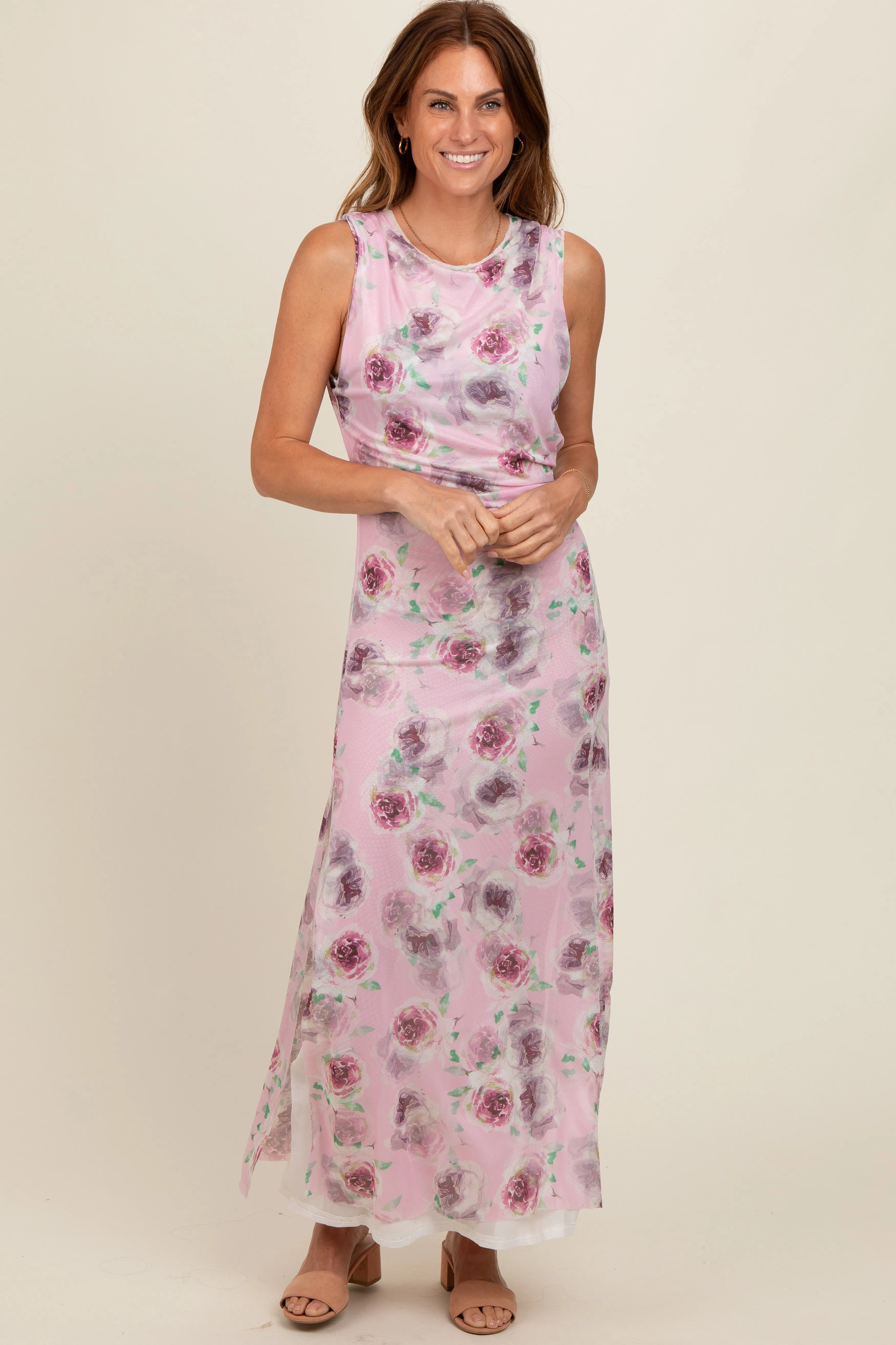 Lavender Rose Print Ruched Mesh Dress sold by Pinkblush product image thumbnail 5
