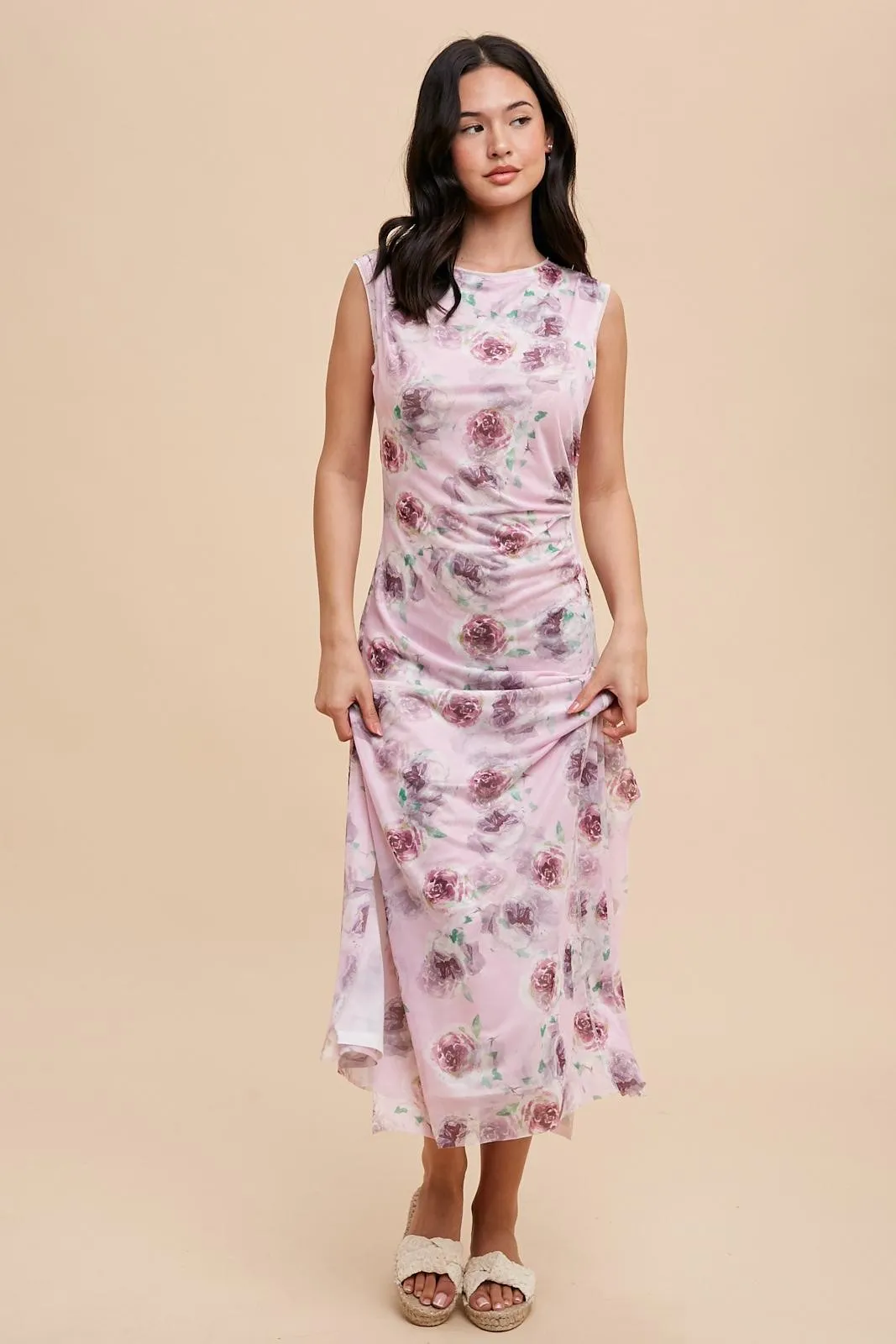 Lavender Rose Print Ruched Mesh Dress sold by Pinkblush product image thumbnail 2