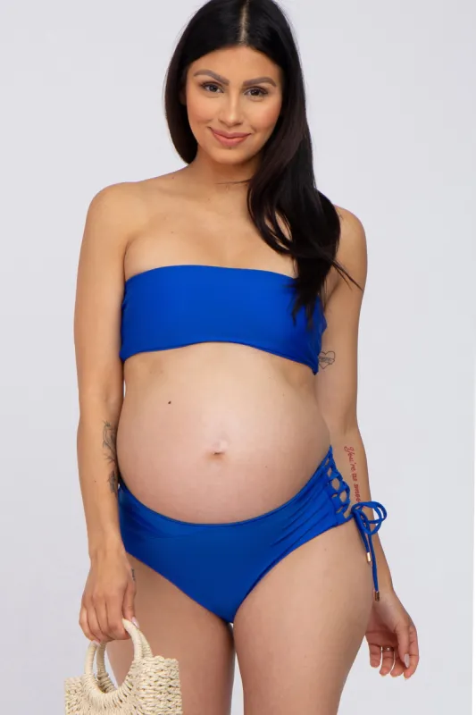 Royal Blue Strapless Lace Up Side Two-Piece Maternity Bikini Set sold by Pinkblush