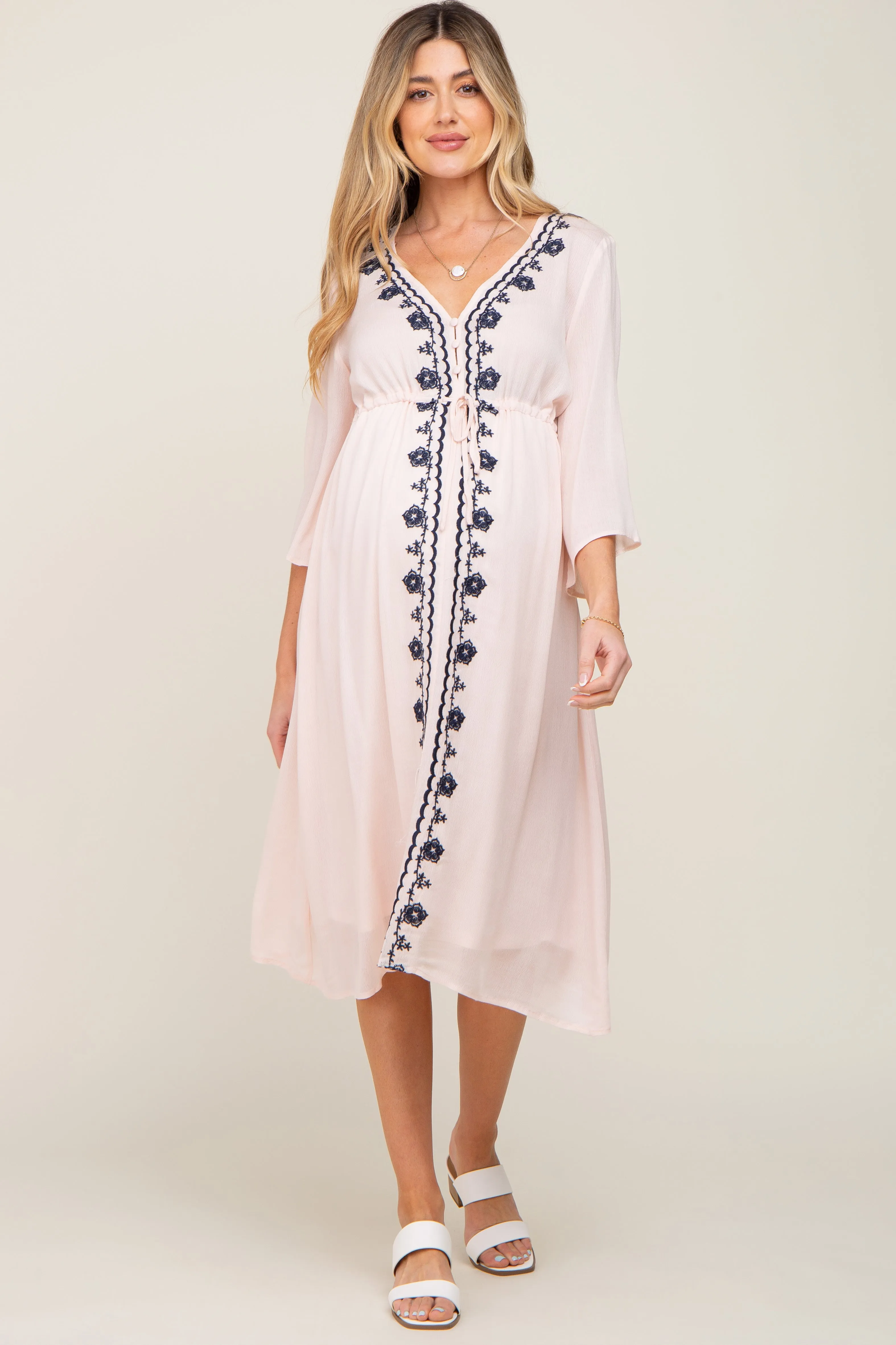 Light Pink Floral Embroidered 3/4 Sleeve Maternity Midi Dress sold by Pinkblush product image thumbnail 4