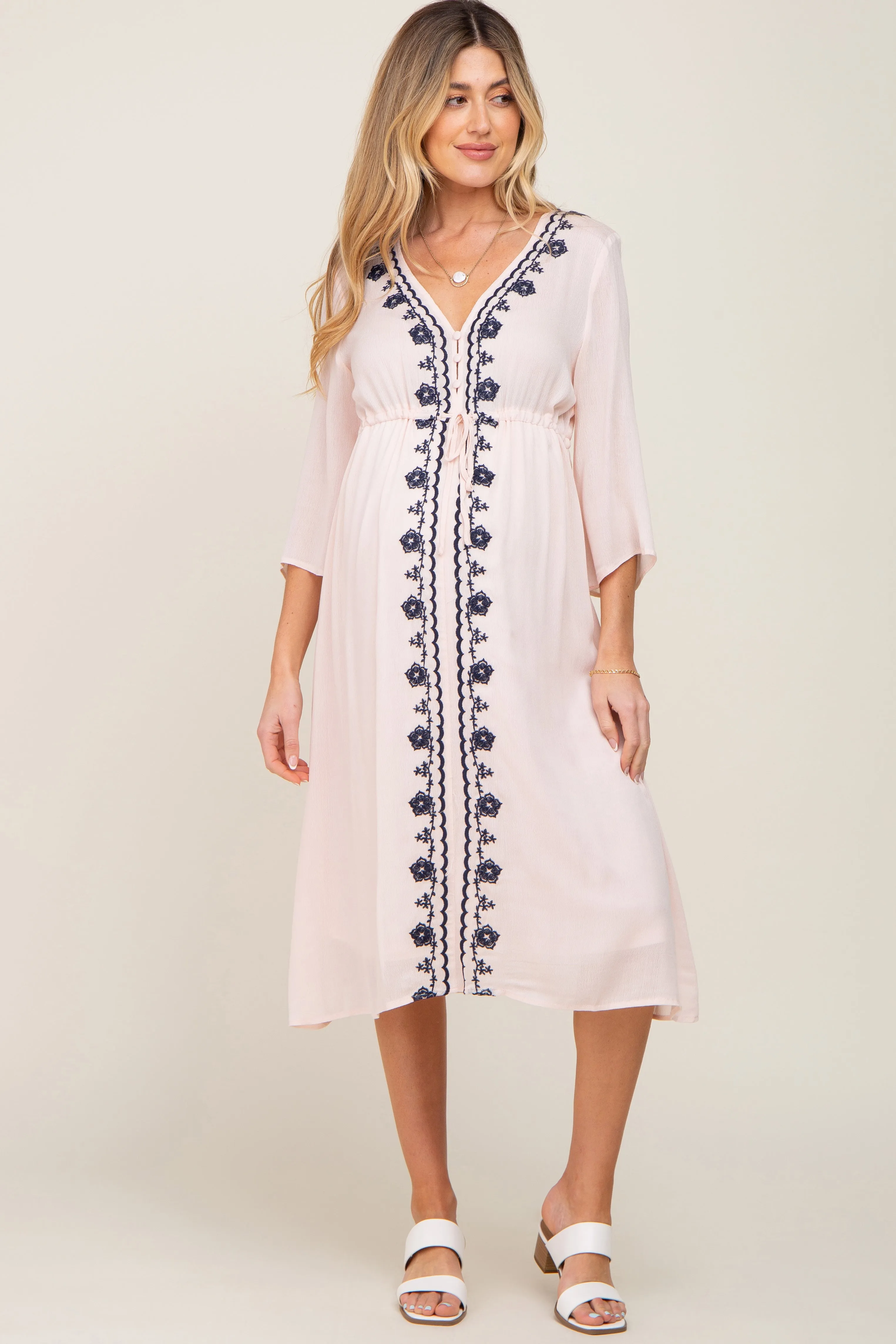 Light Pink Floral Embroidered 3/4 Sleeve Maternity Midi Dress sold by Pinkblush