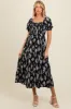 Black Floral Smocked Sweetheart Neckline Maternity Midi Dress sold by Pinkblush