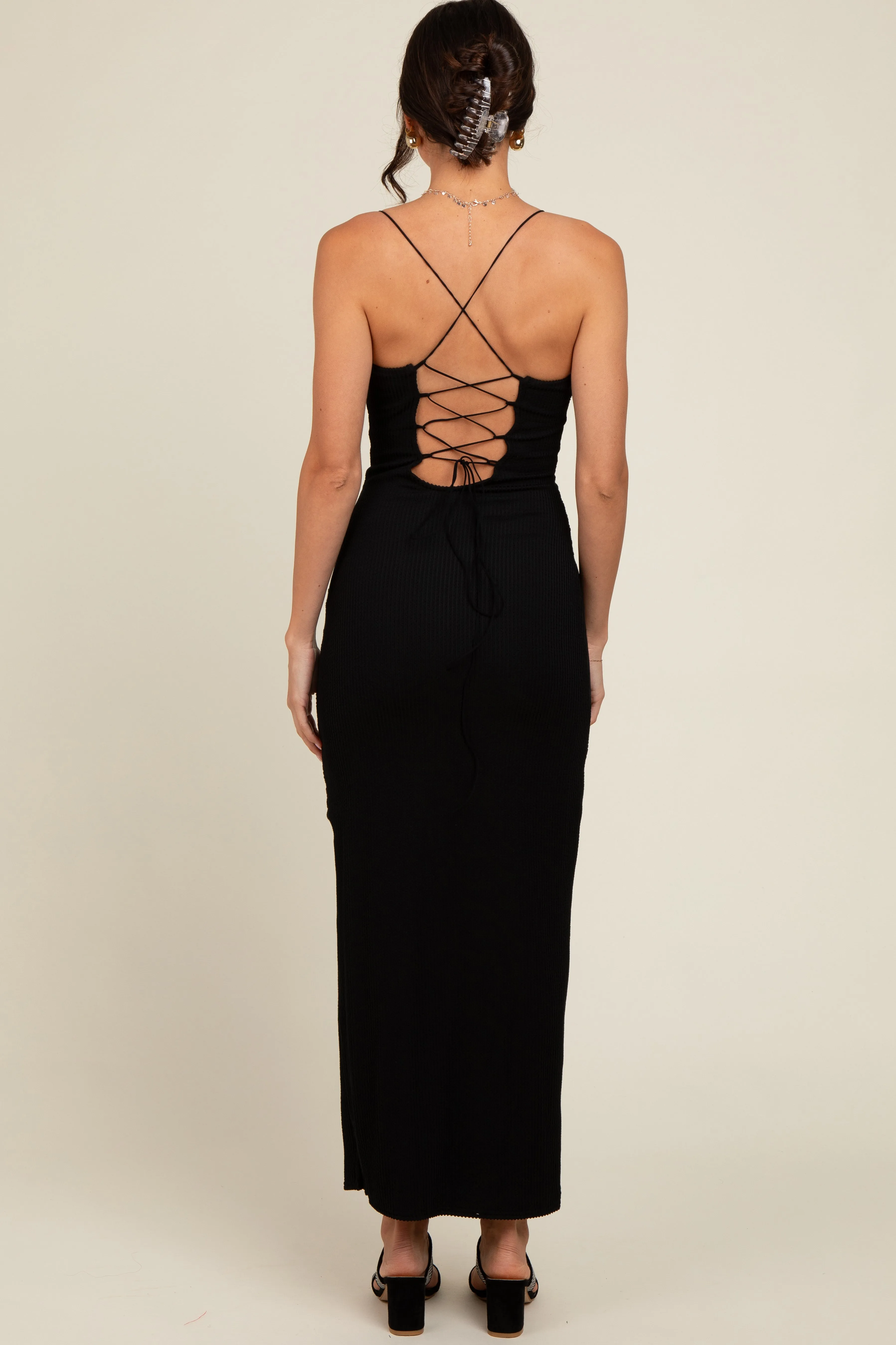 Black Ribbed Lace-Up Back Side Slit Midi Dress sold by Pinkblush product image thumbnail 4
