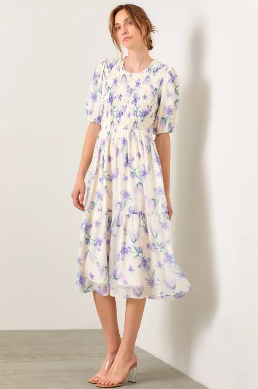 Cream Smocked Ruffle Hem Midi Dress sold by Pinkblush