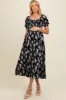 Black Floral Smocked Sweetheart Neckline Maternity Midi Dress sold by Pinkblush