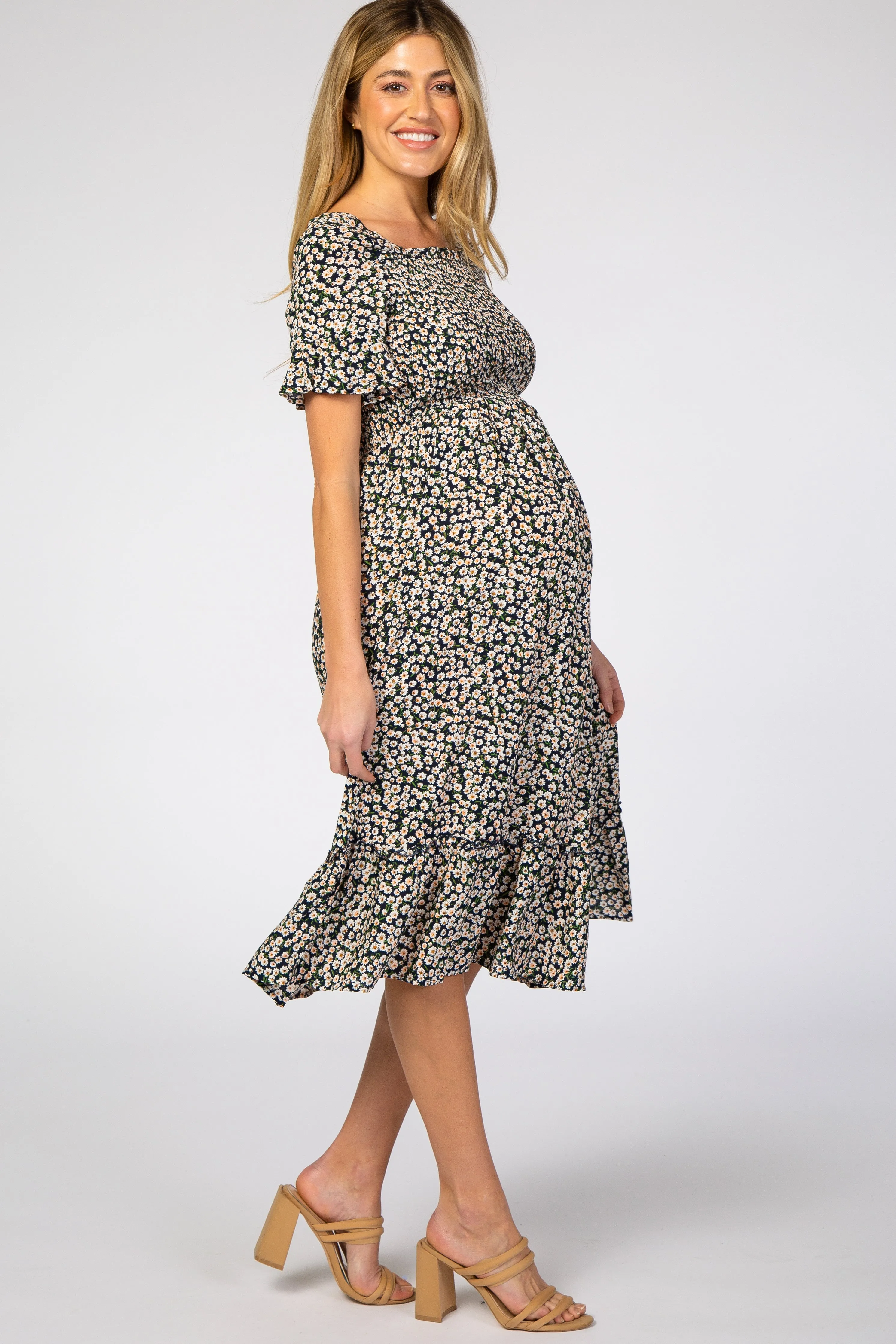 Navy Floral Ruffle Maternity Midi Dress sold by Pinkblush product image thumbnail 2
