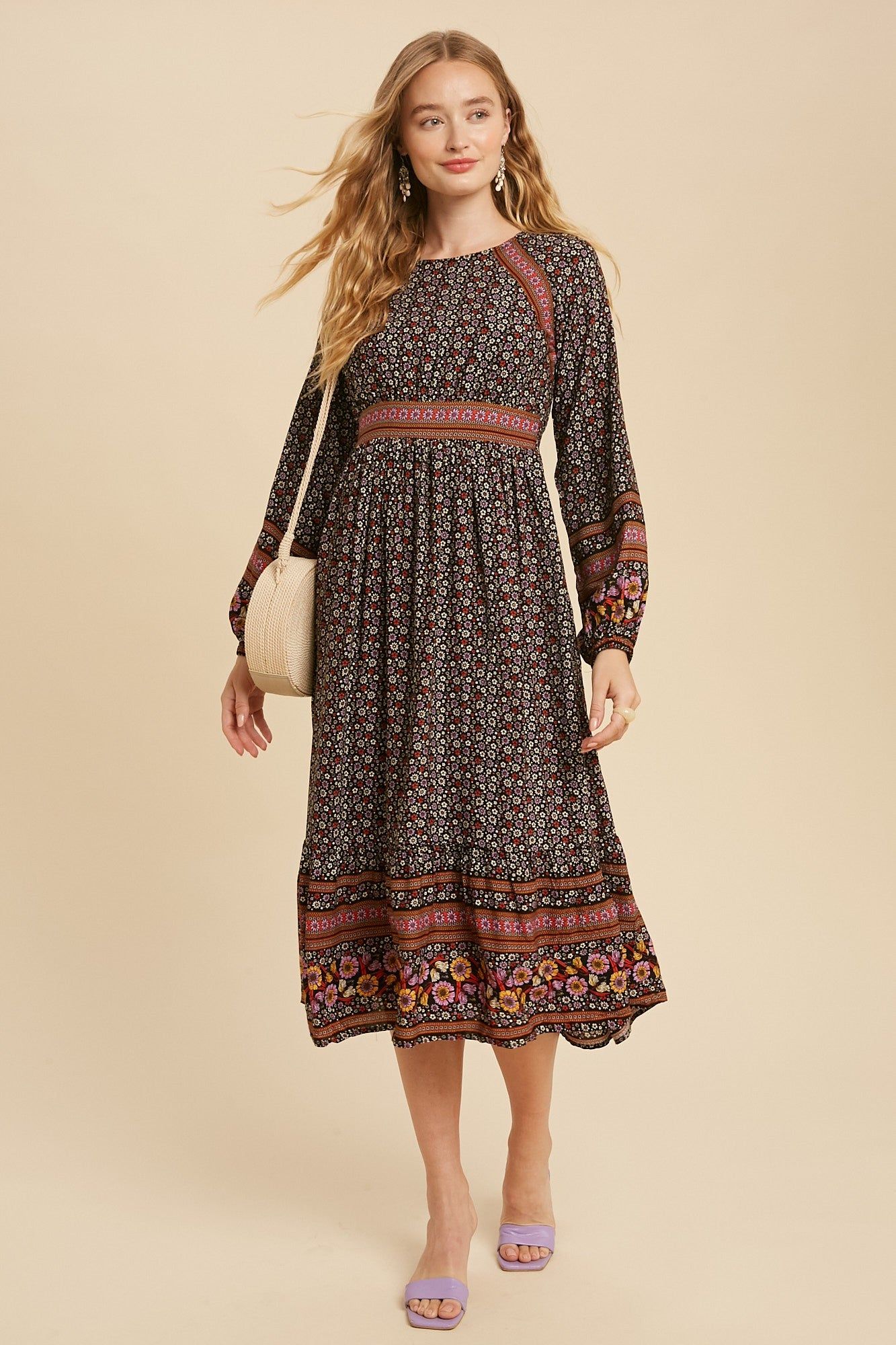 Black Floral Border Print Boho Midi sold by Pinkblush