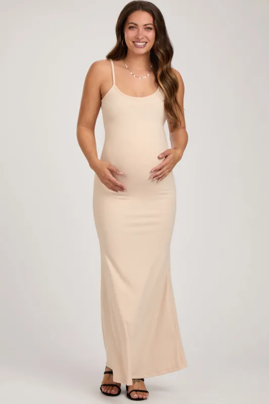 Cream Sleeveless Ribbed Maternity Maxi Dress sold by Pinkblush