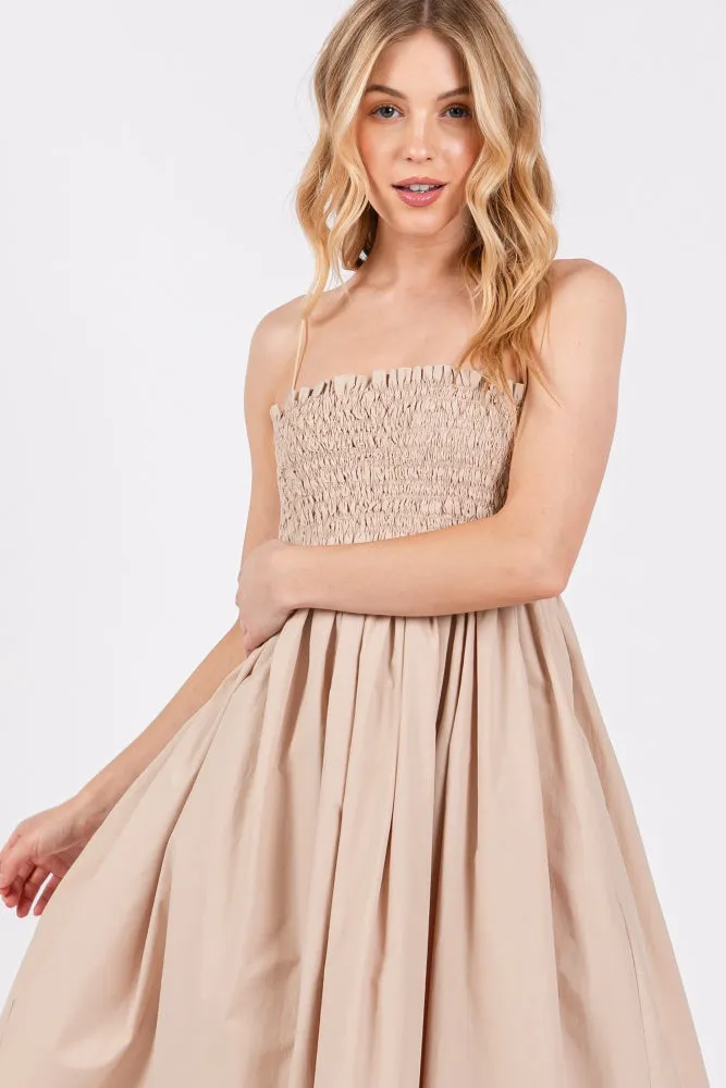 Beige Smocked Pocketed Midi Dress sold by Pinkblush product image thumbnail 4