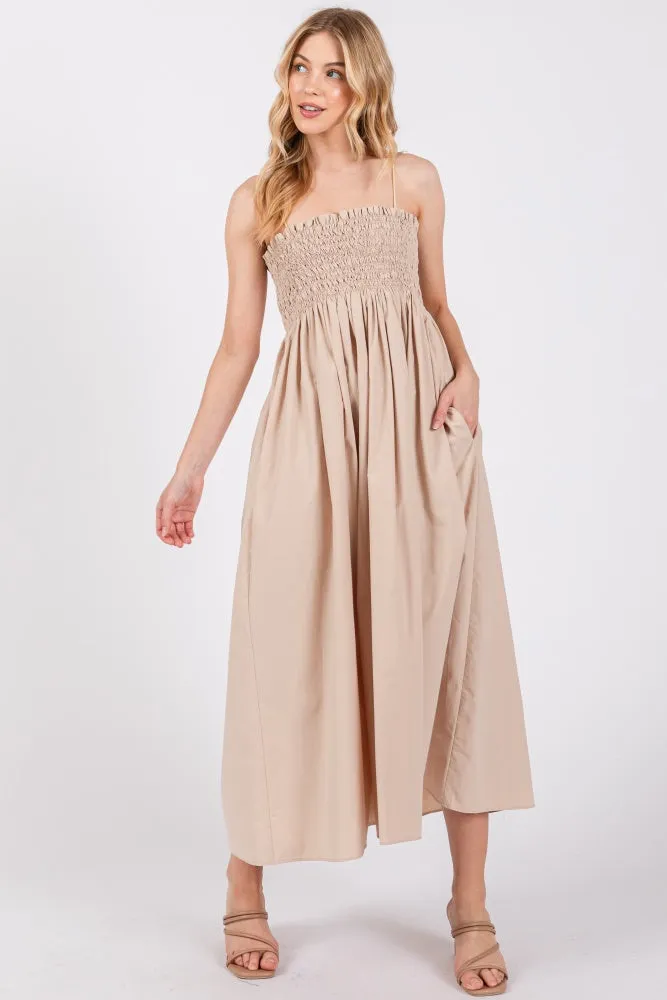Beige Smocked Pocketed Midi Dress sold by Pinkblush