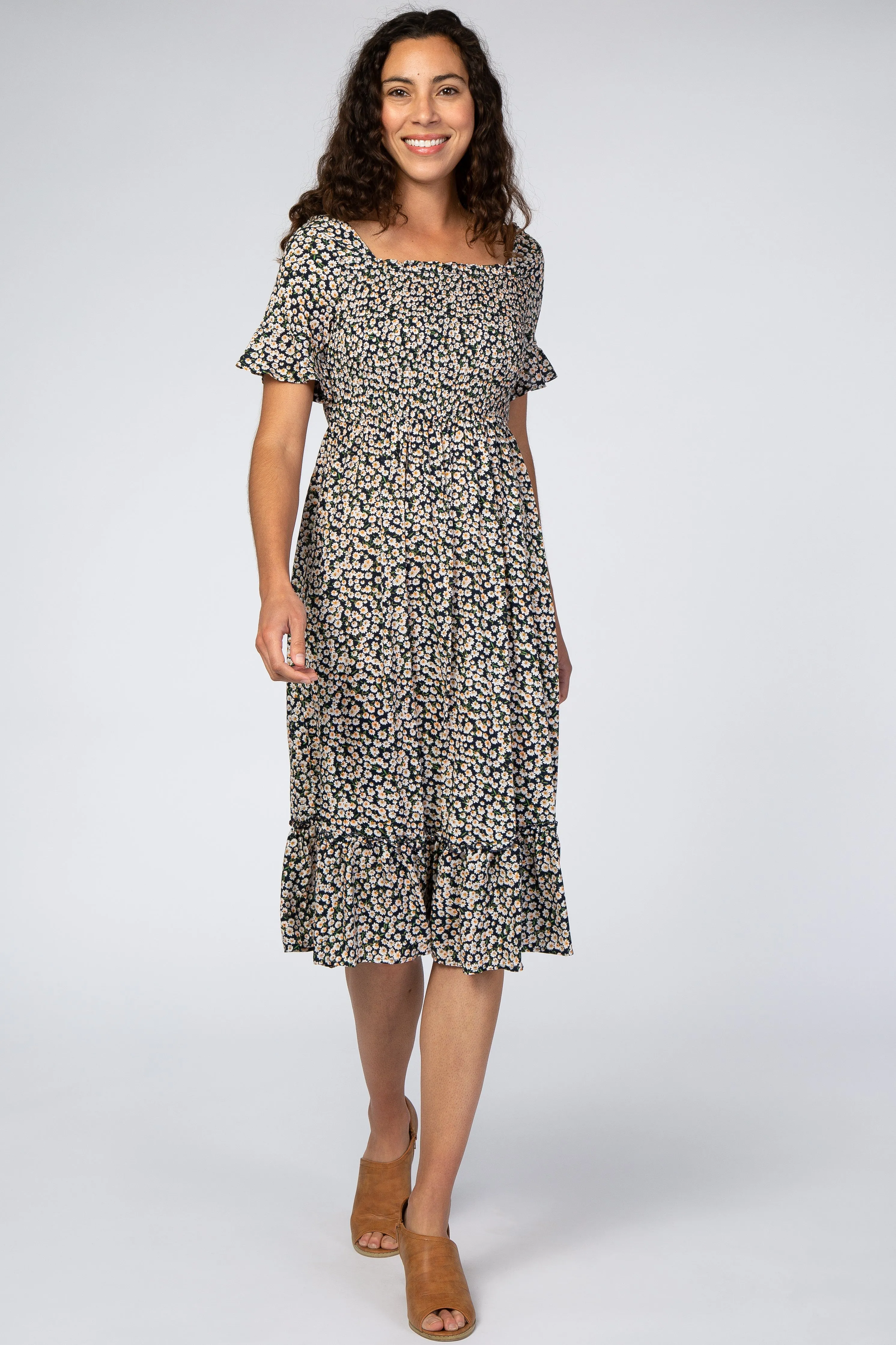 Navy Floral Ruffle Maternity Midi Dress sold by Pinkblush product image thumbnail 4
